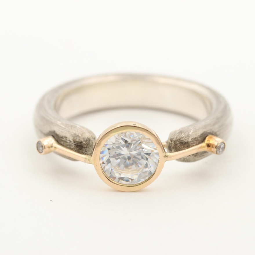 Sterling Silver Cubic Zirconia Ring with 14K Yellow Gold Accent