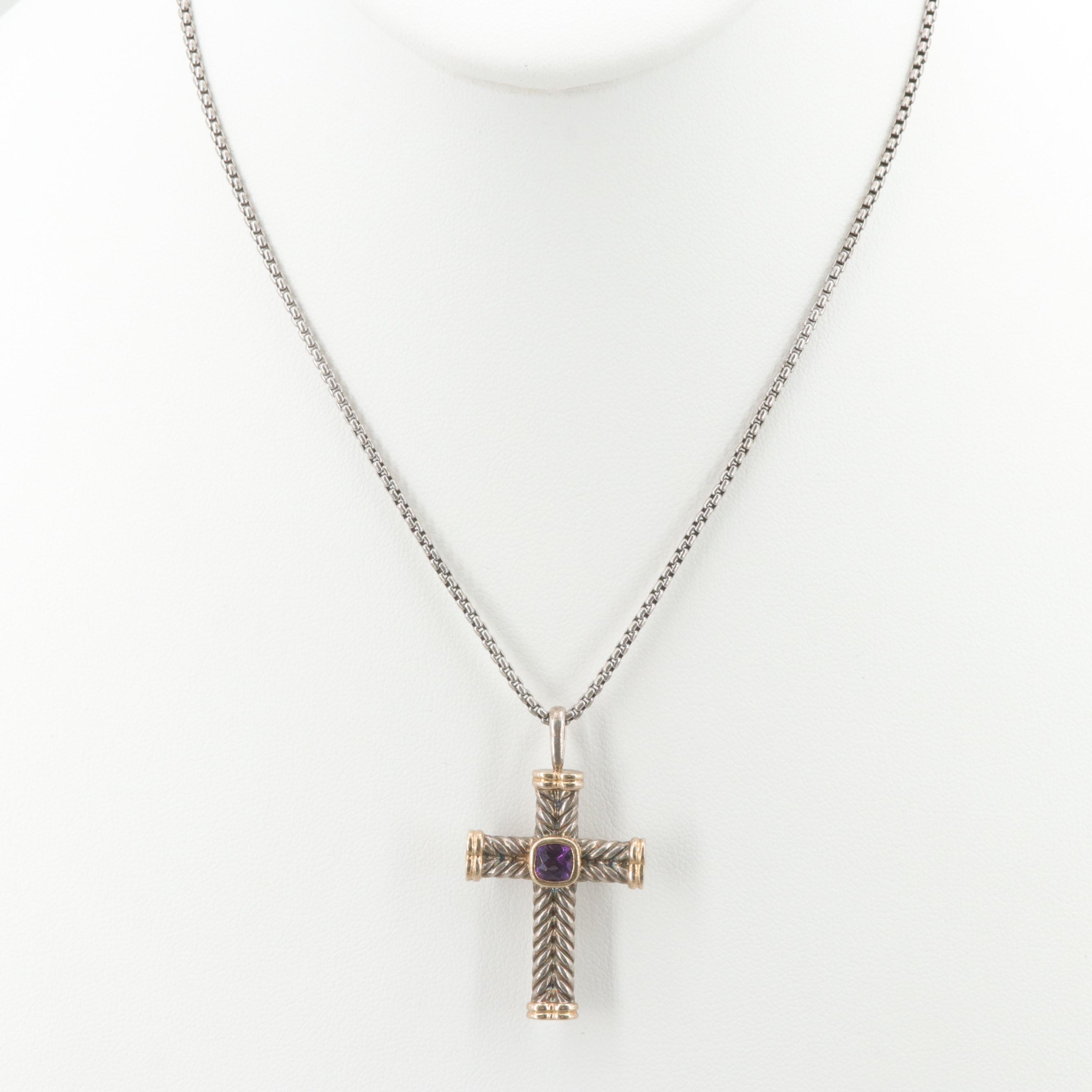 David Yurman Sterling Silver Amethyst Cross Pendant Necklace