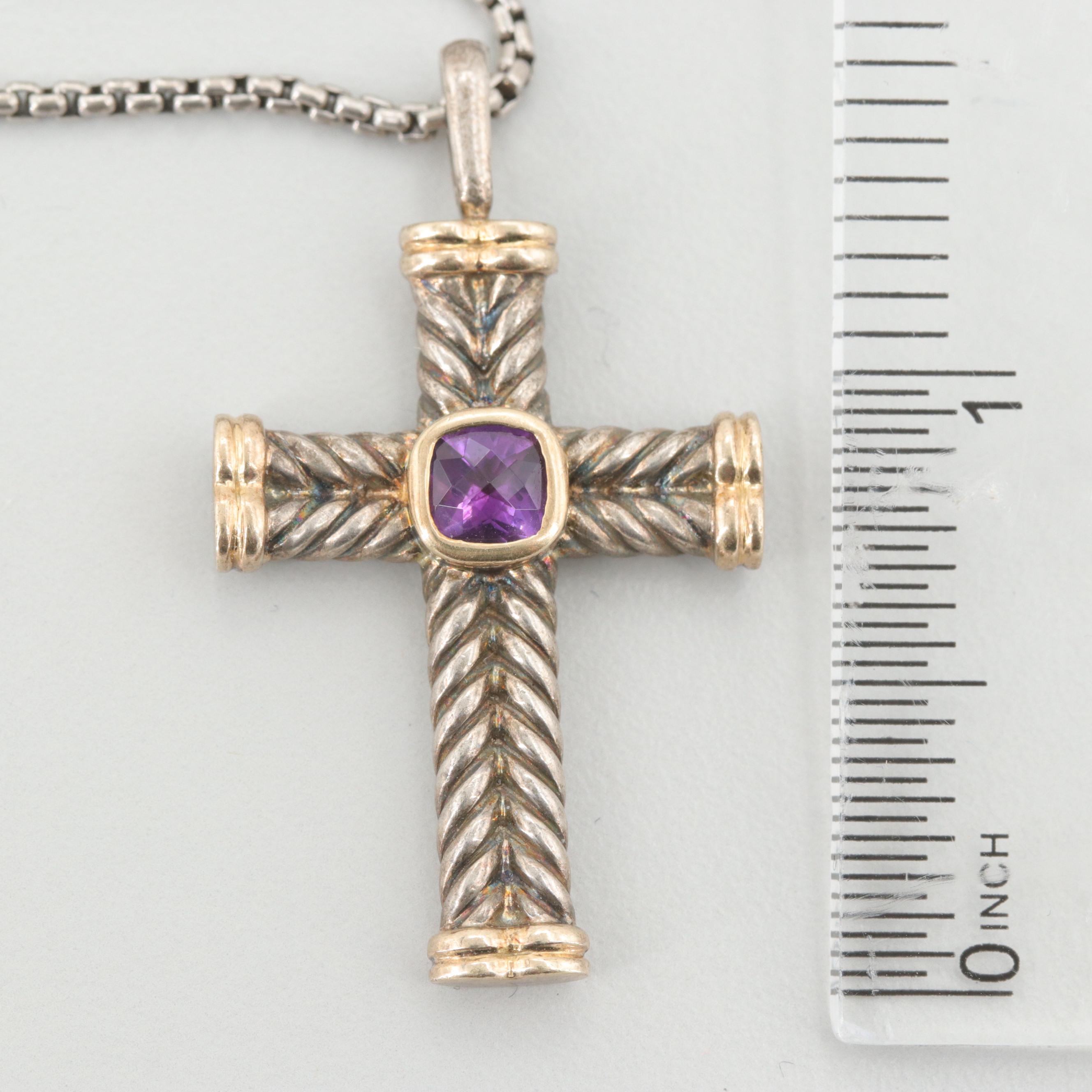 David Yurman Sterling Silver Amethyst Cross Pendant Necklace
