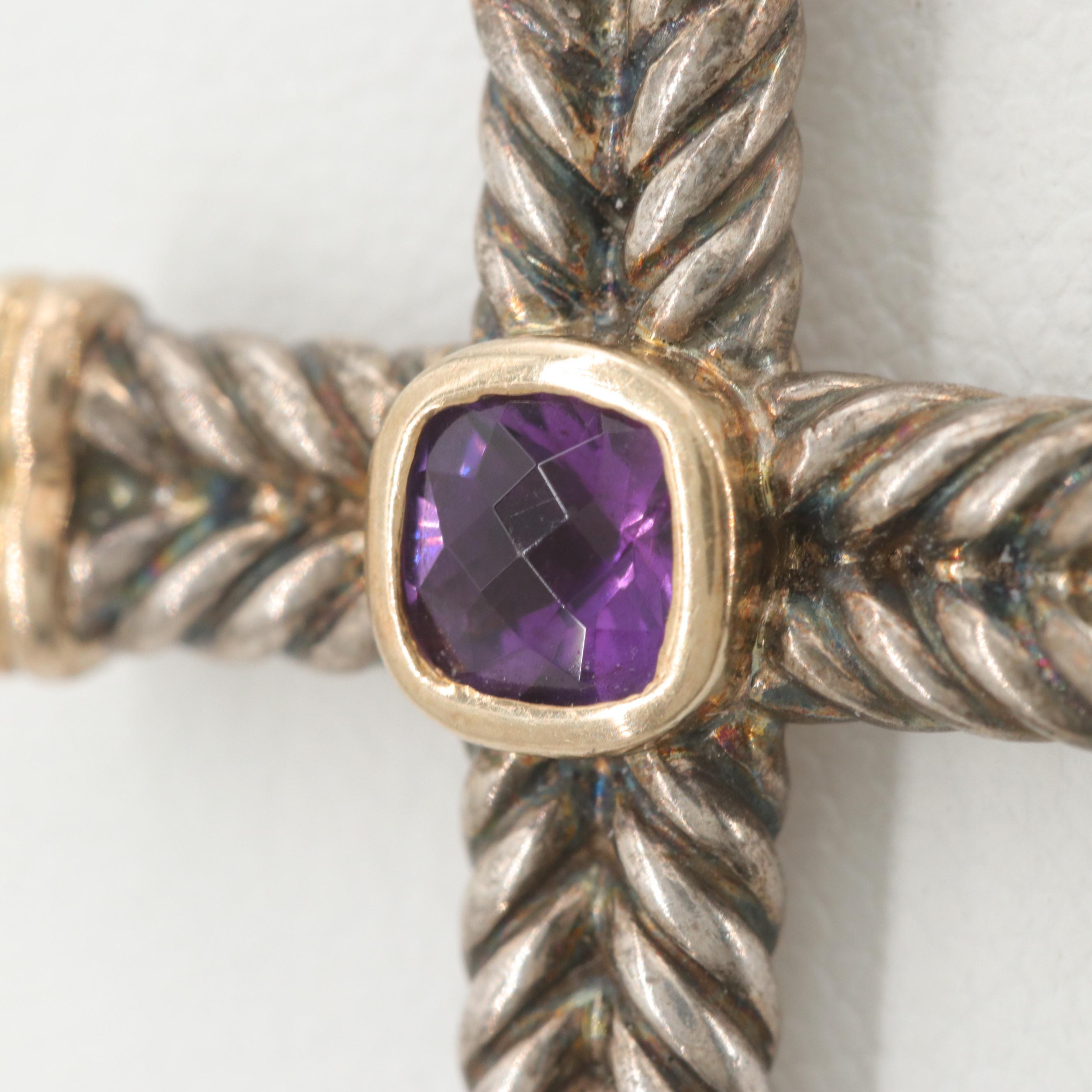 David Yurman Sterling Silver Amethyst Cross Pendant Necklace