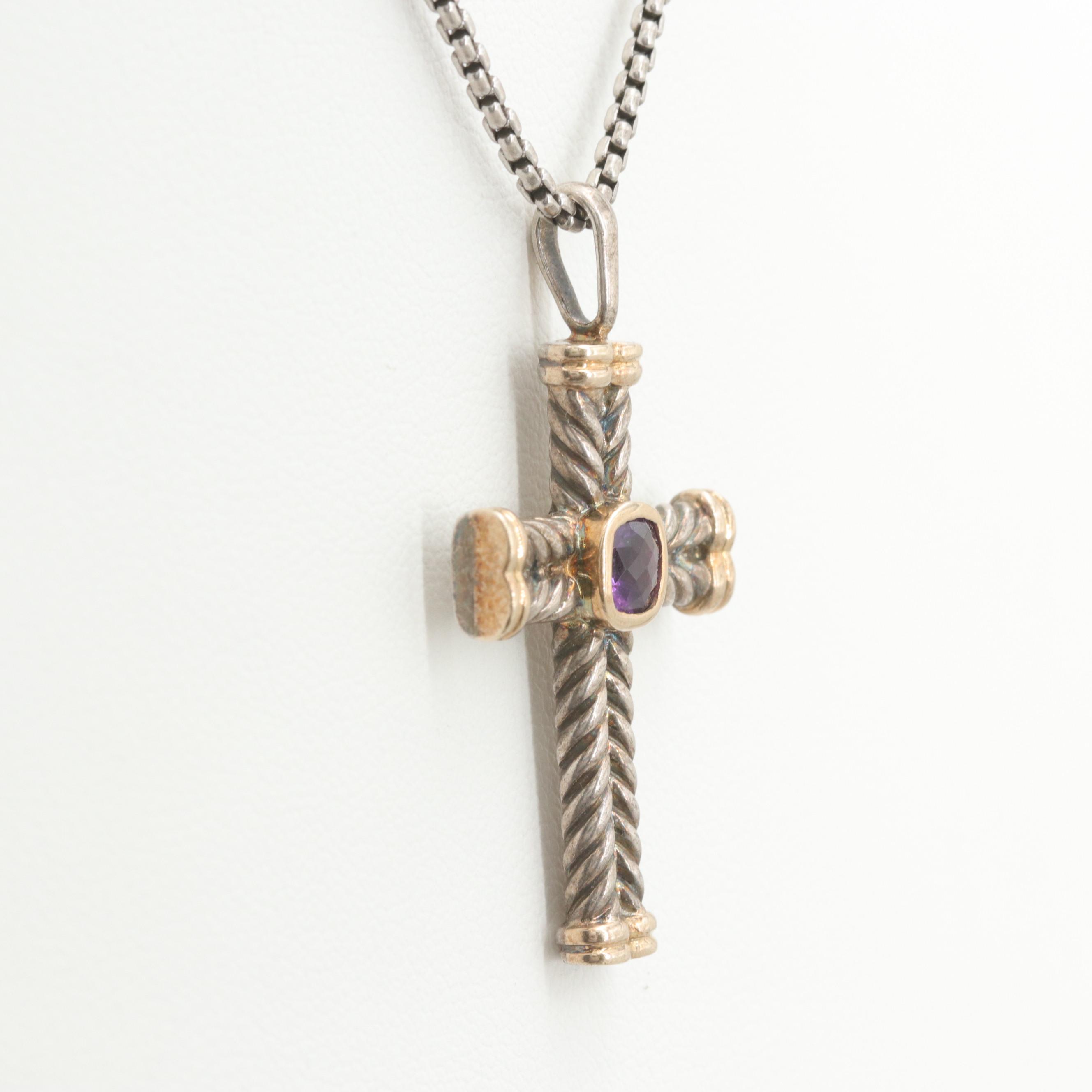 David Yurman Sterling Silver Amethyst Cross Pendant Necklace