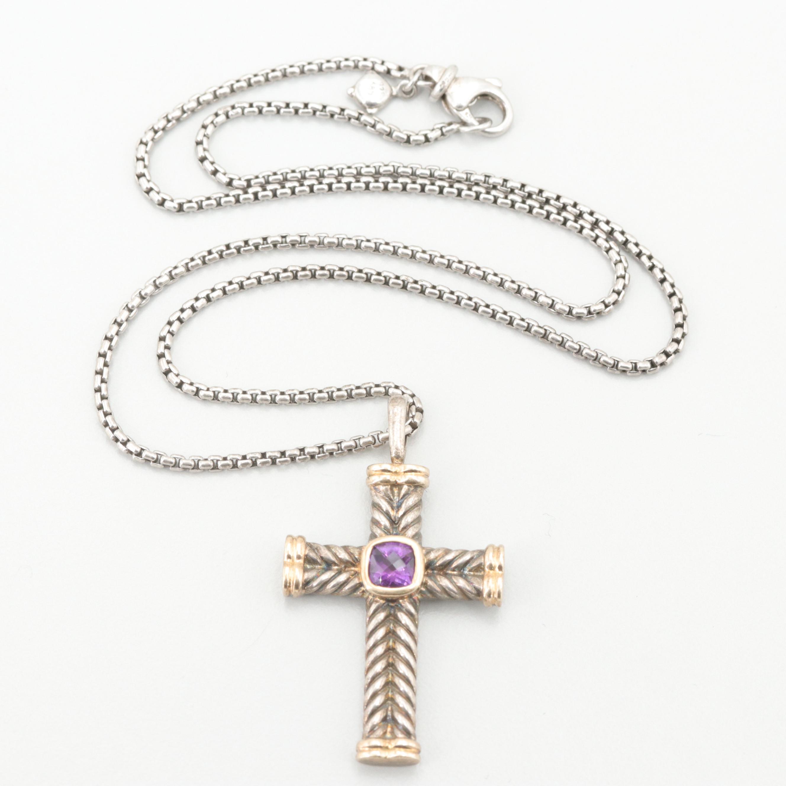 David Yurman Sterling Silver Amethyst Cross Pendant Necklace