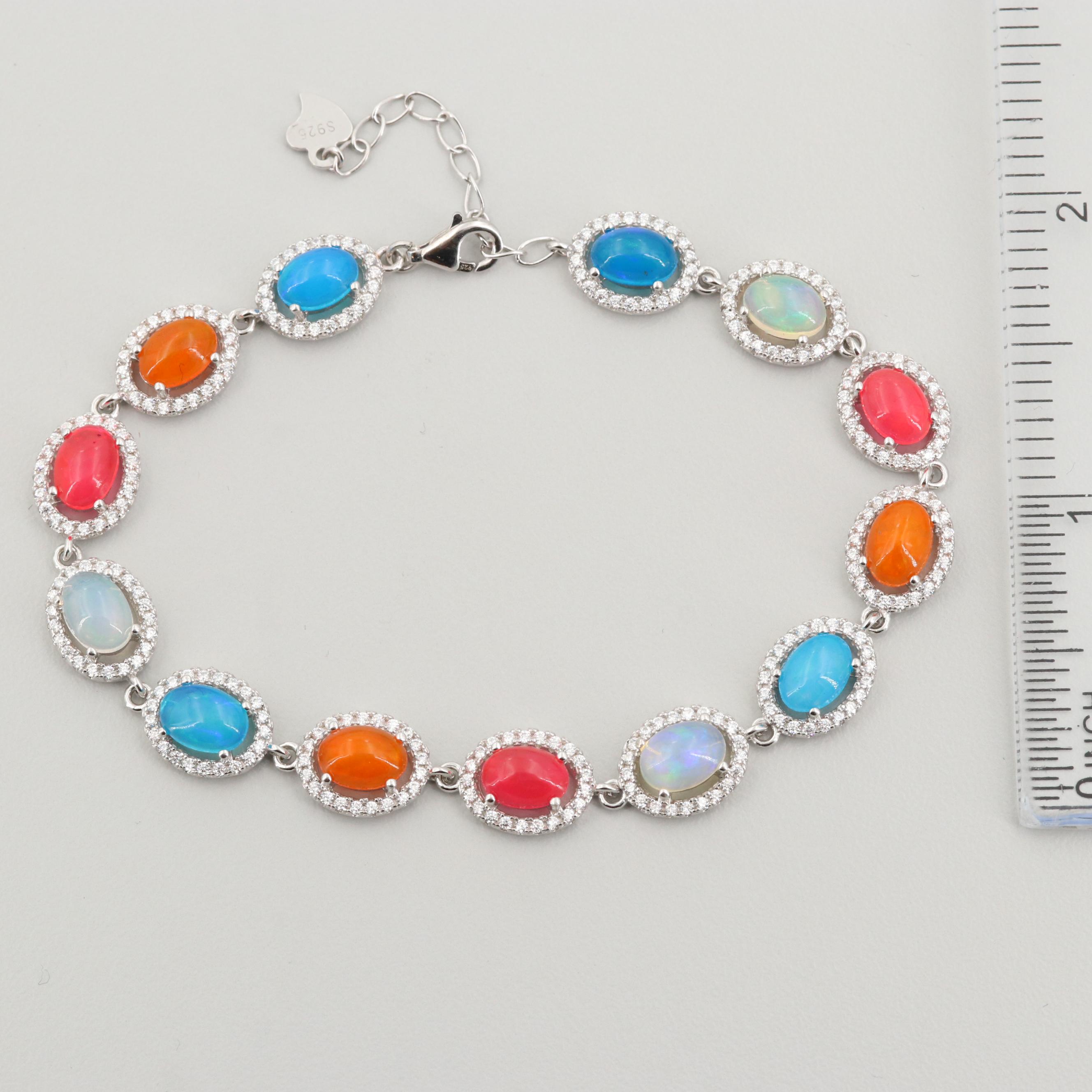 Sterling Silver Opal and Cubic Zirconia Adjustable Bracelet