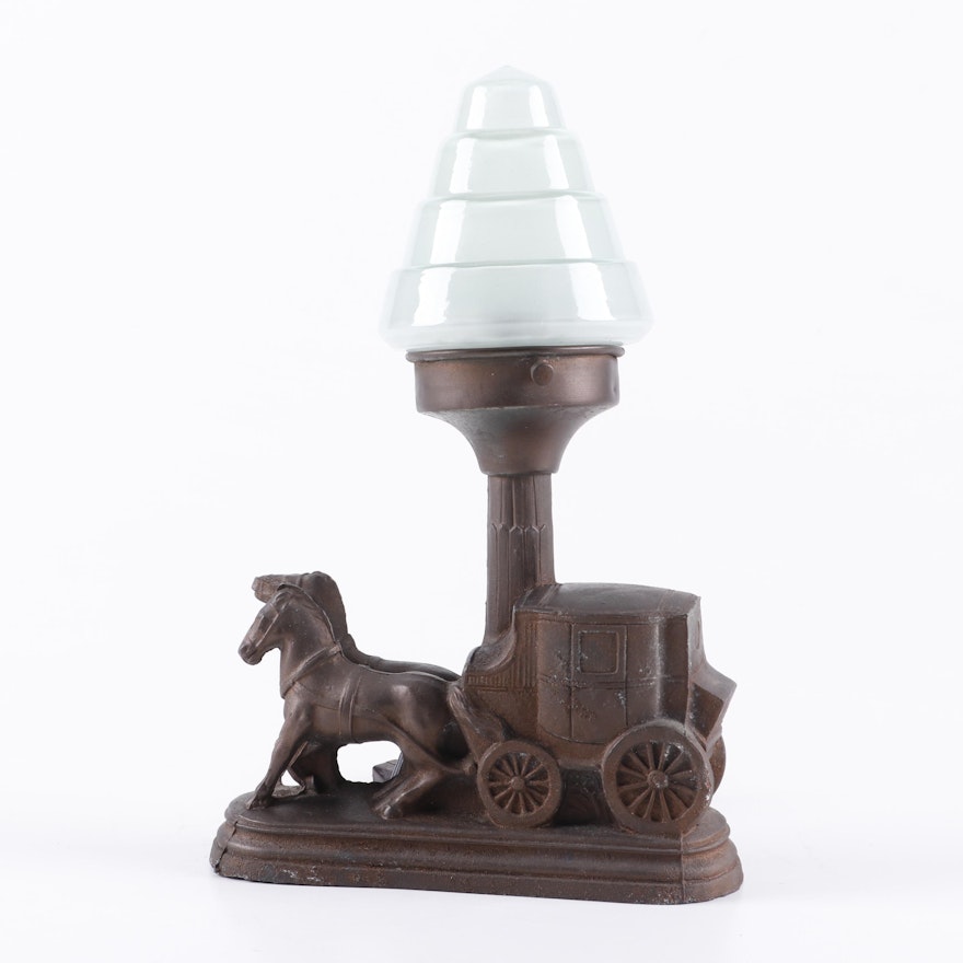 Cast Metal Stagecoach TV Lamp with Conical Glass Shade, Early 20th Century