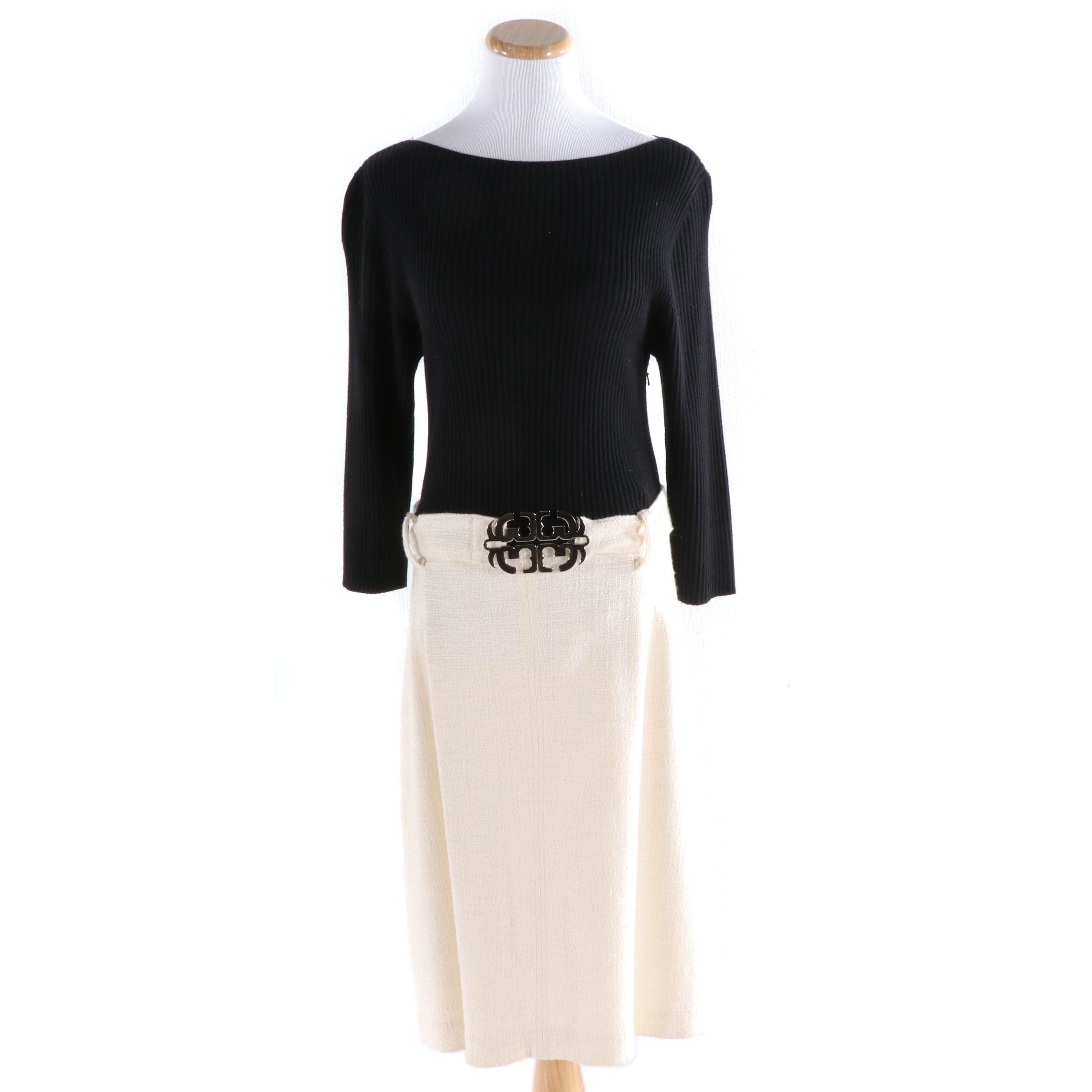 Tory Burch Black Ribbed Knit and Ivory Bouclé Dress with Logo Belt