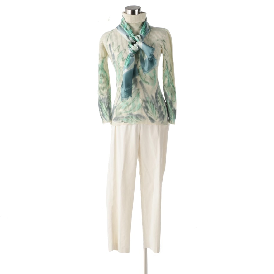 De Redly Paris Handpainted Cashmere Turtleneck with Coordinating Scarf and Pants