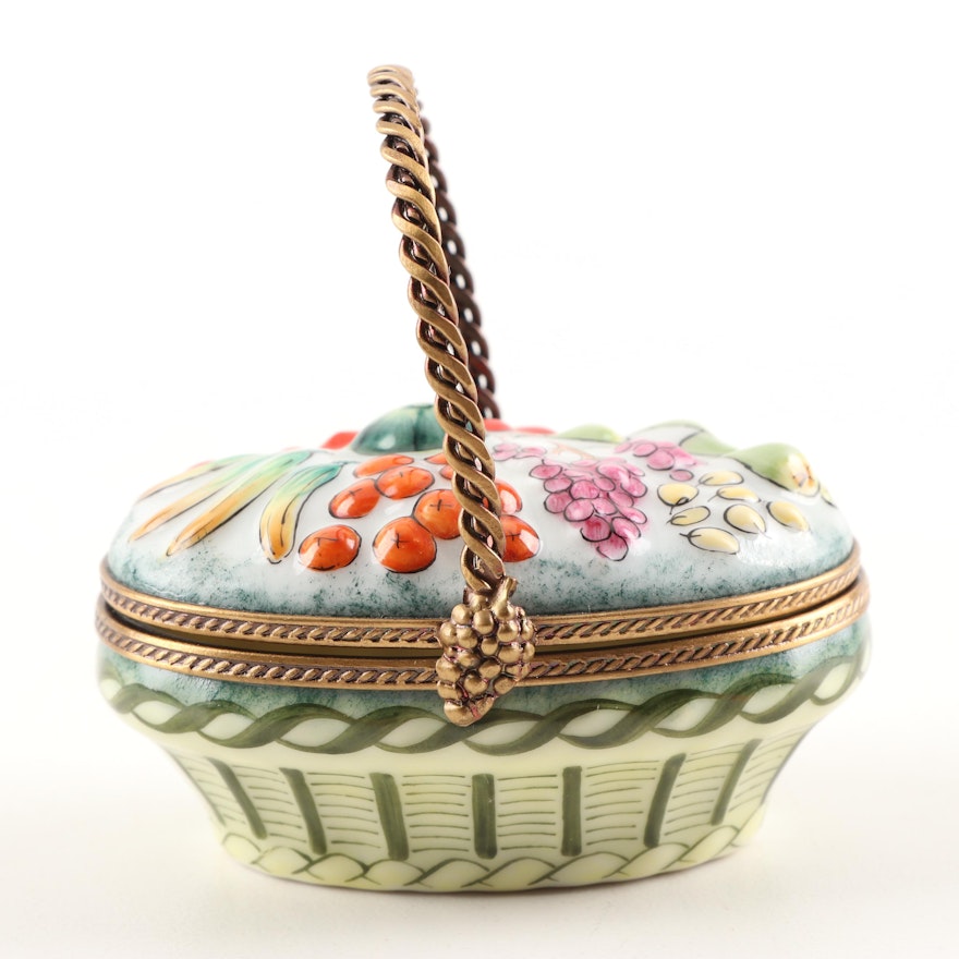 Limoges Hand-Painted Porcelain Fruit Basket Trinket Box