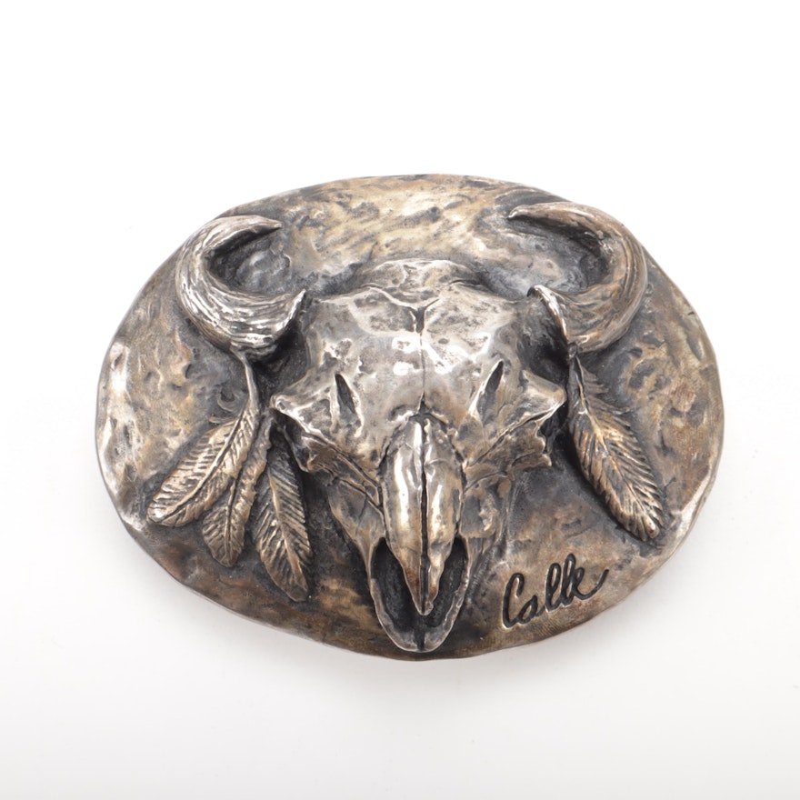 Paul Calle Signed Bronze Southwestern Style Buffalo Skull Belt Buckle, Vintage