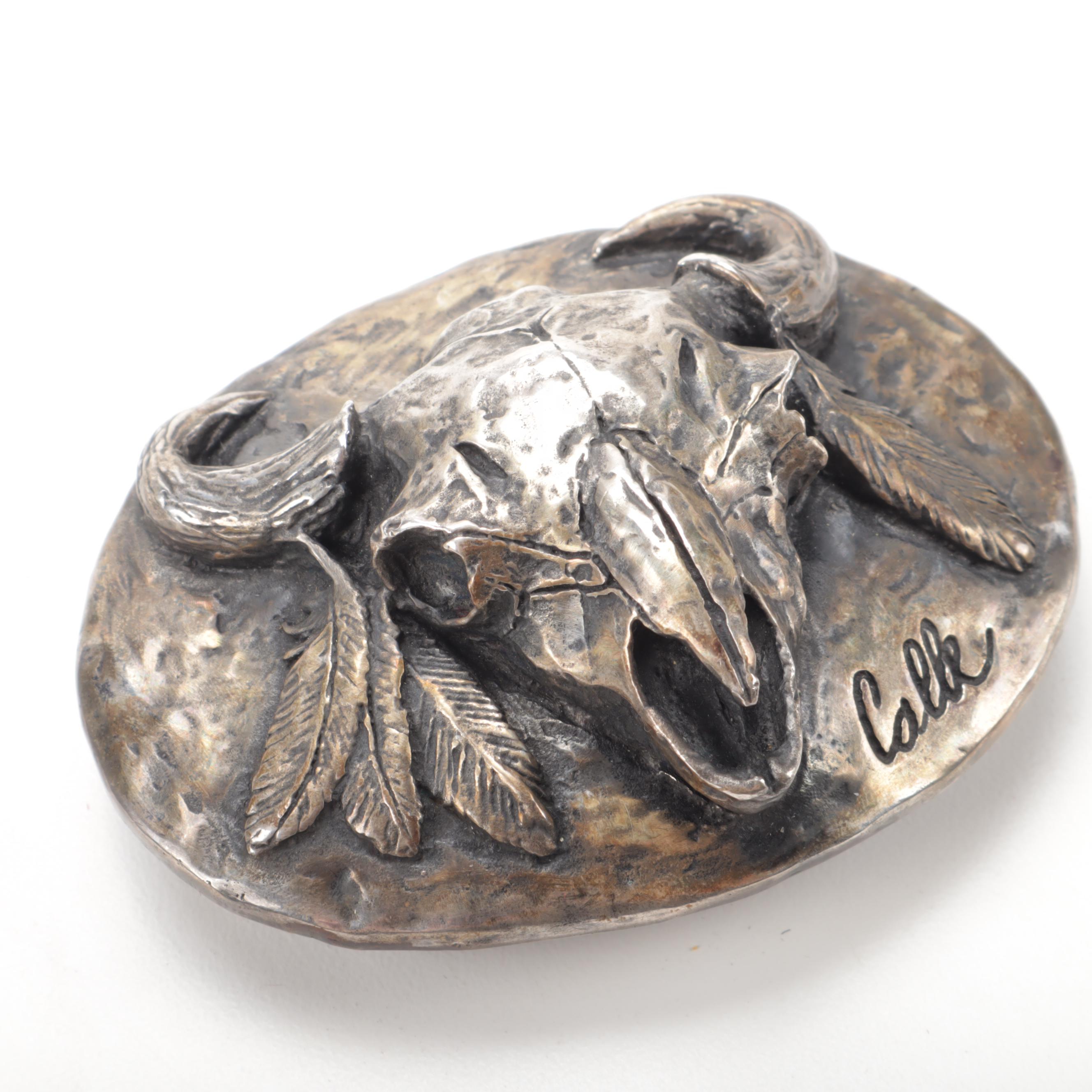 Paul Calle Signed Bronze Southwestern Style Buffalo Skull Belt Buckle, Vintage