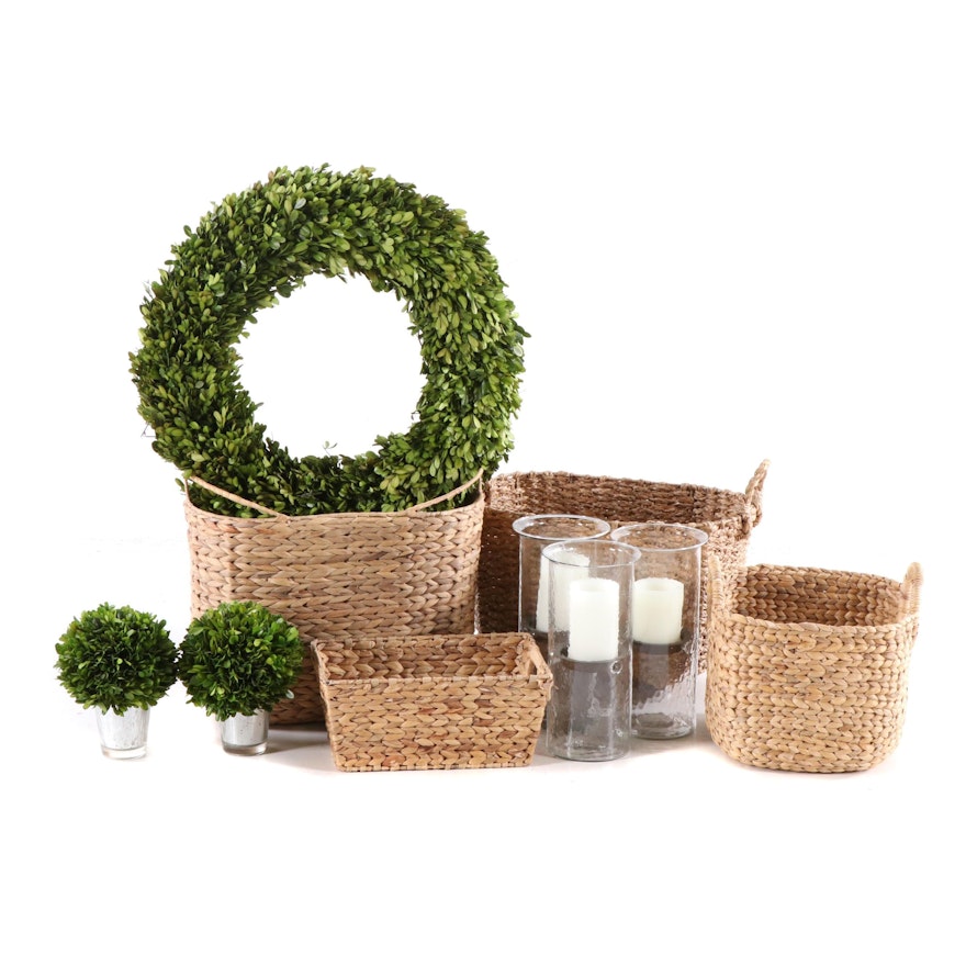 Home Decor including Baskets and Faux Boxwood Greenery