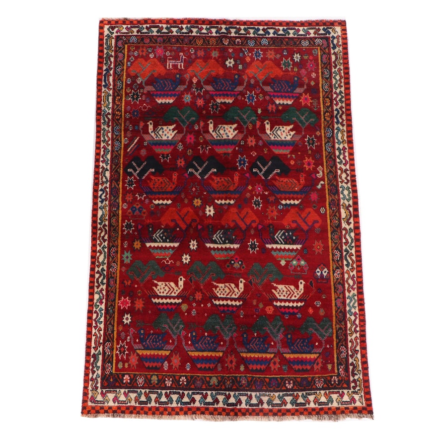 Hand-Knotted Persian Qashqai Shiraz Pictorial Wool Rug