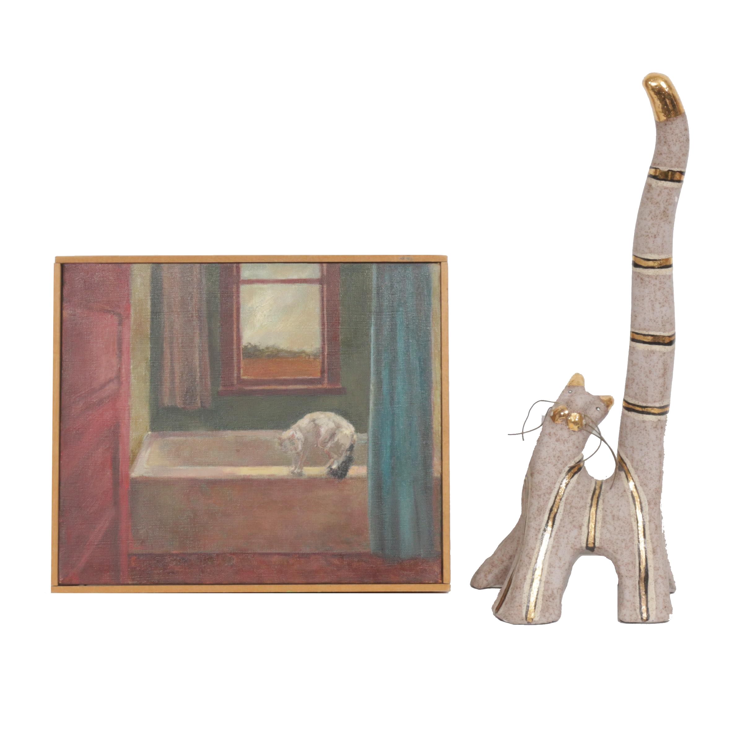 Oil Painting and Ceramic Sculpture Featuring Cats