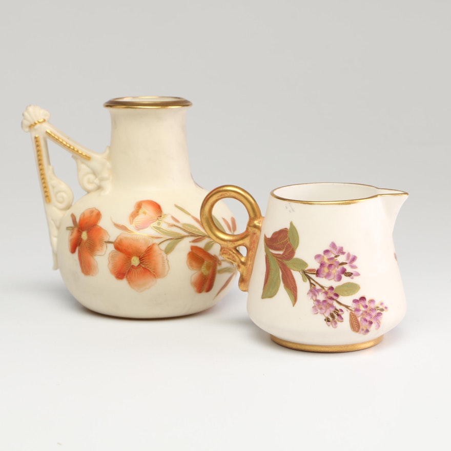 Royal Worcester Porcelain Creamer and Ewer, Circa 1887