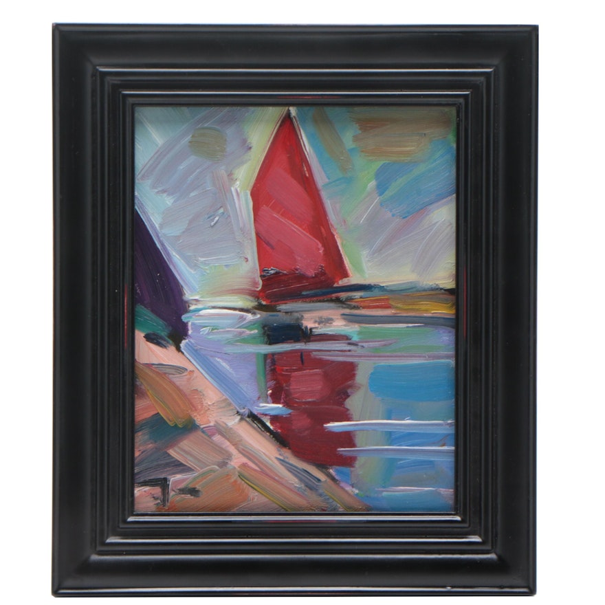 Jose Trujillo Abstract Oil Painting "Red Sailboat"