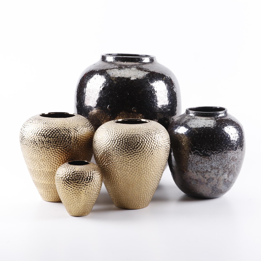 Decorative Gold and Silver Tone Earthenware Vases