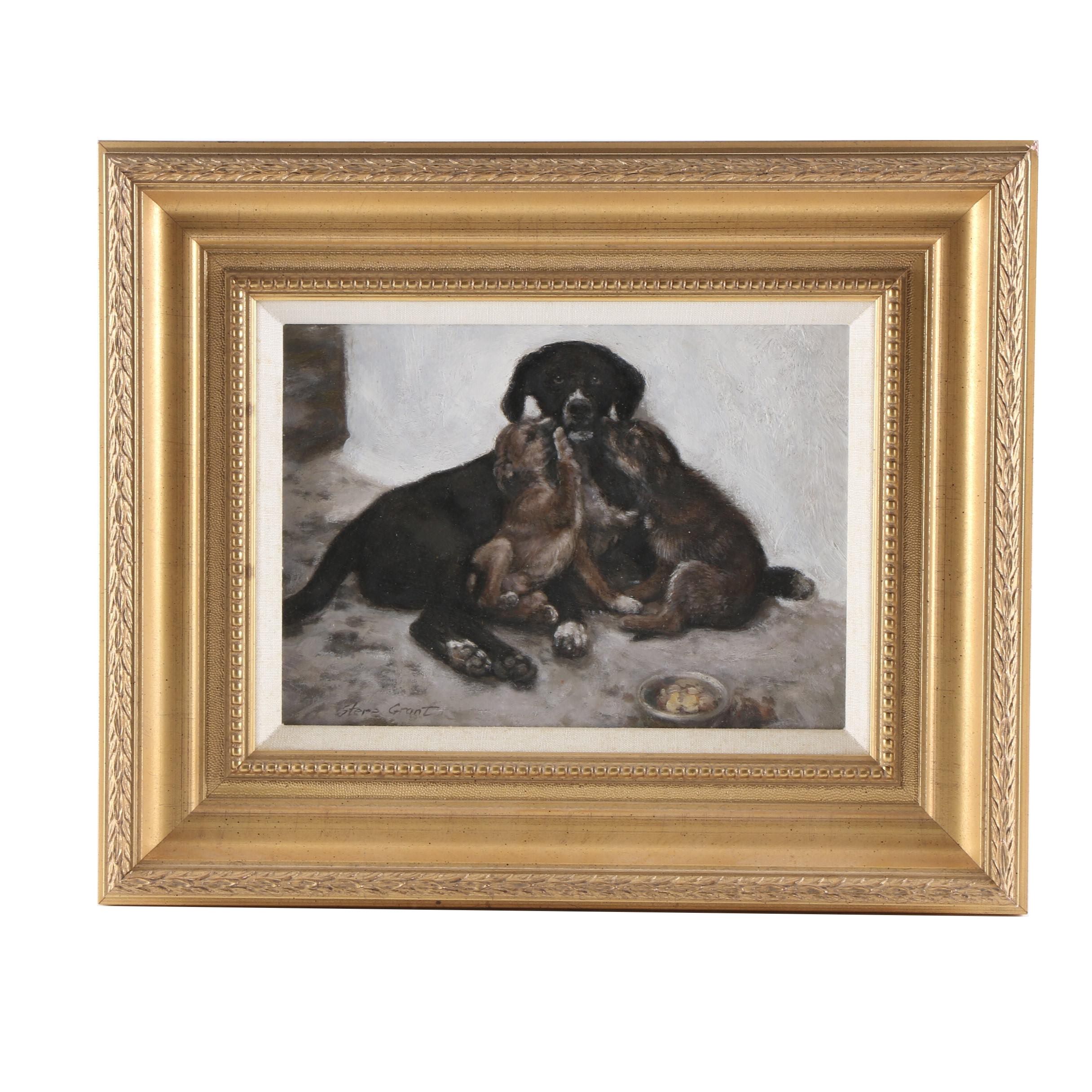 Stere Grant Oil Painting of Mother Dog with Puppies