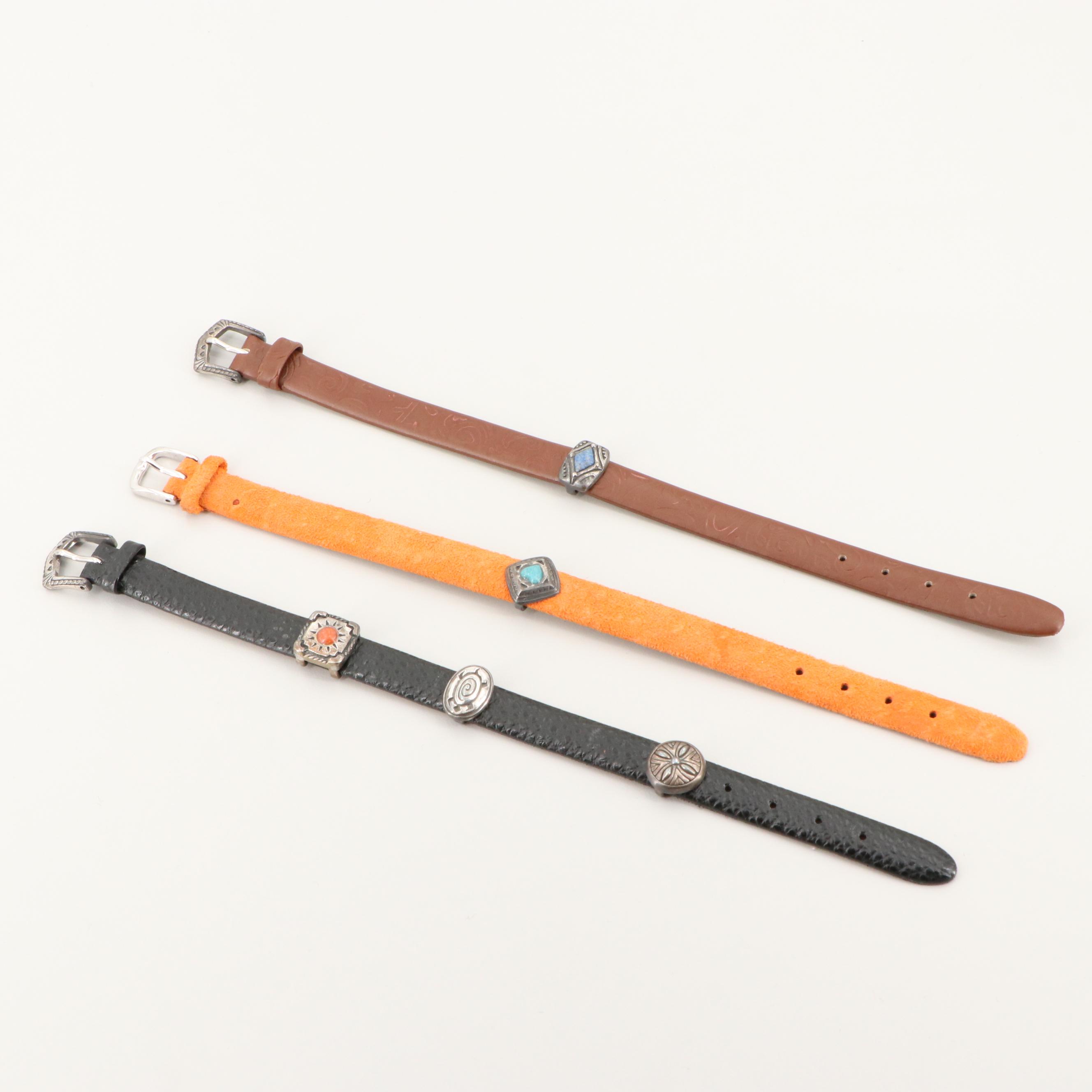 Prerogatives Southwestern Style Sterling Silver Gemstone Leather Bracelets