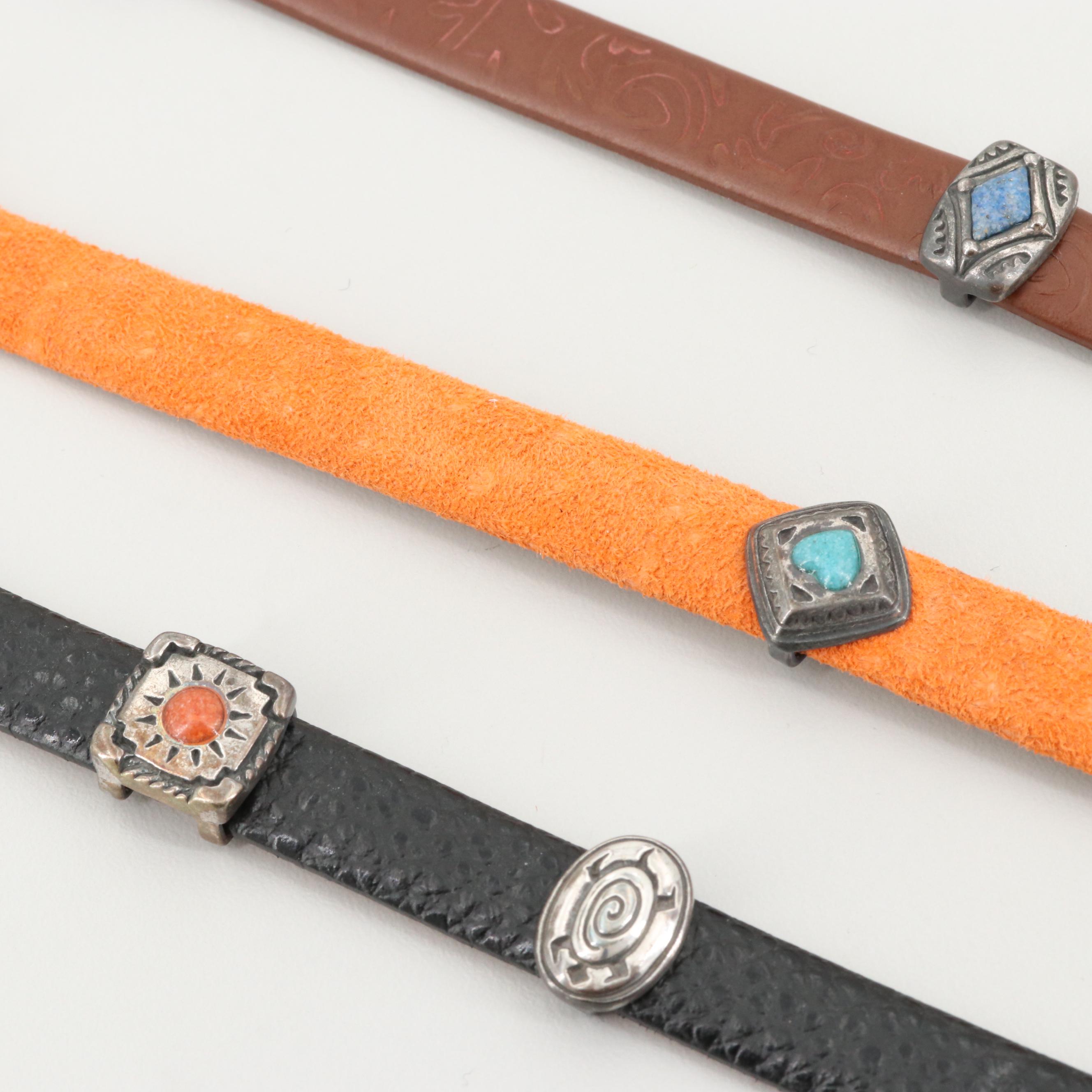 Prerogatives Southwestern Style Sterling Silver Gemstone Leather Bracelets