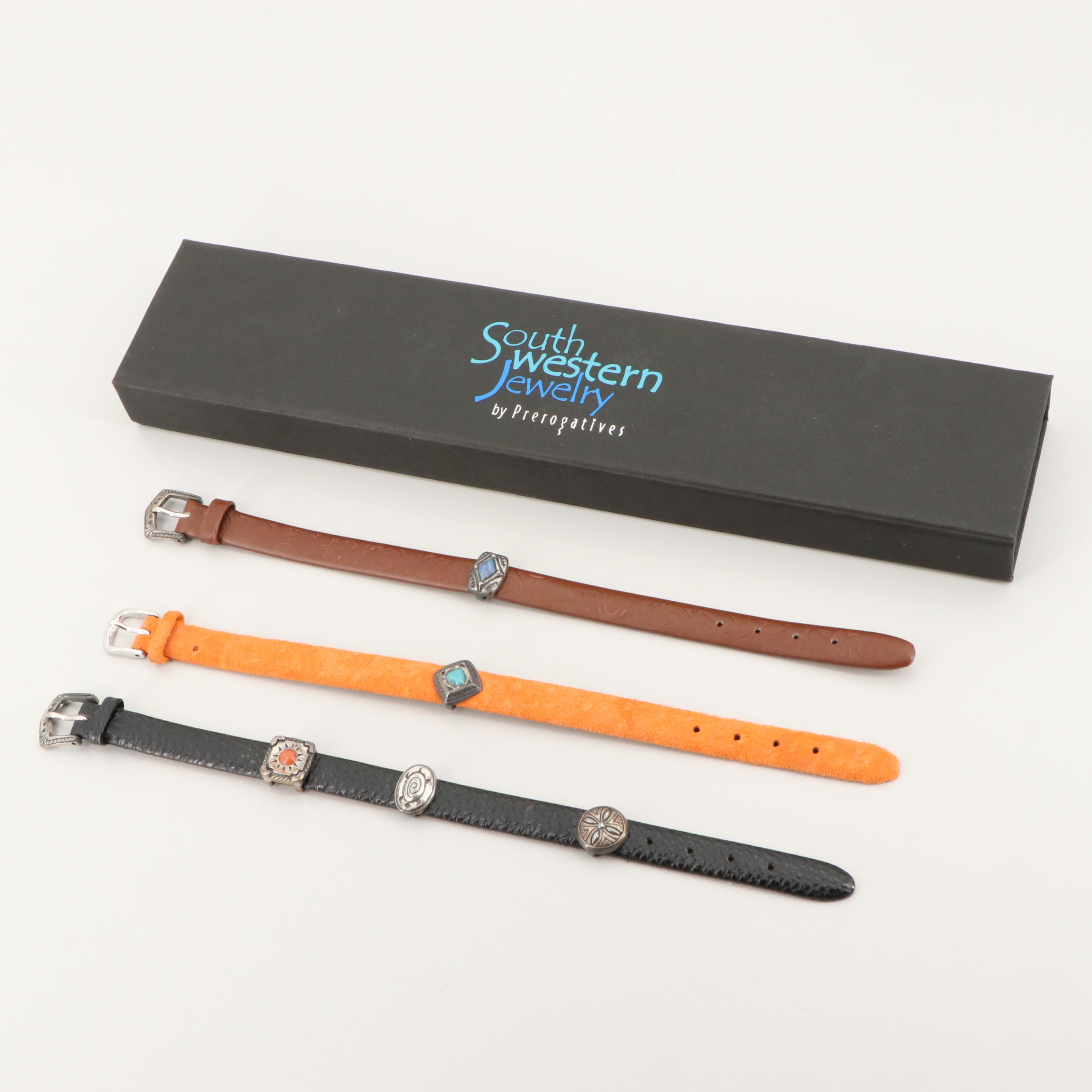 Prerogatives Southwestern Style Sterling Silver Gemstone Leather Bracelets