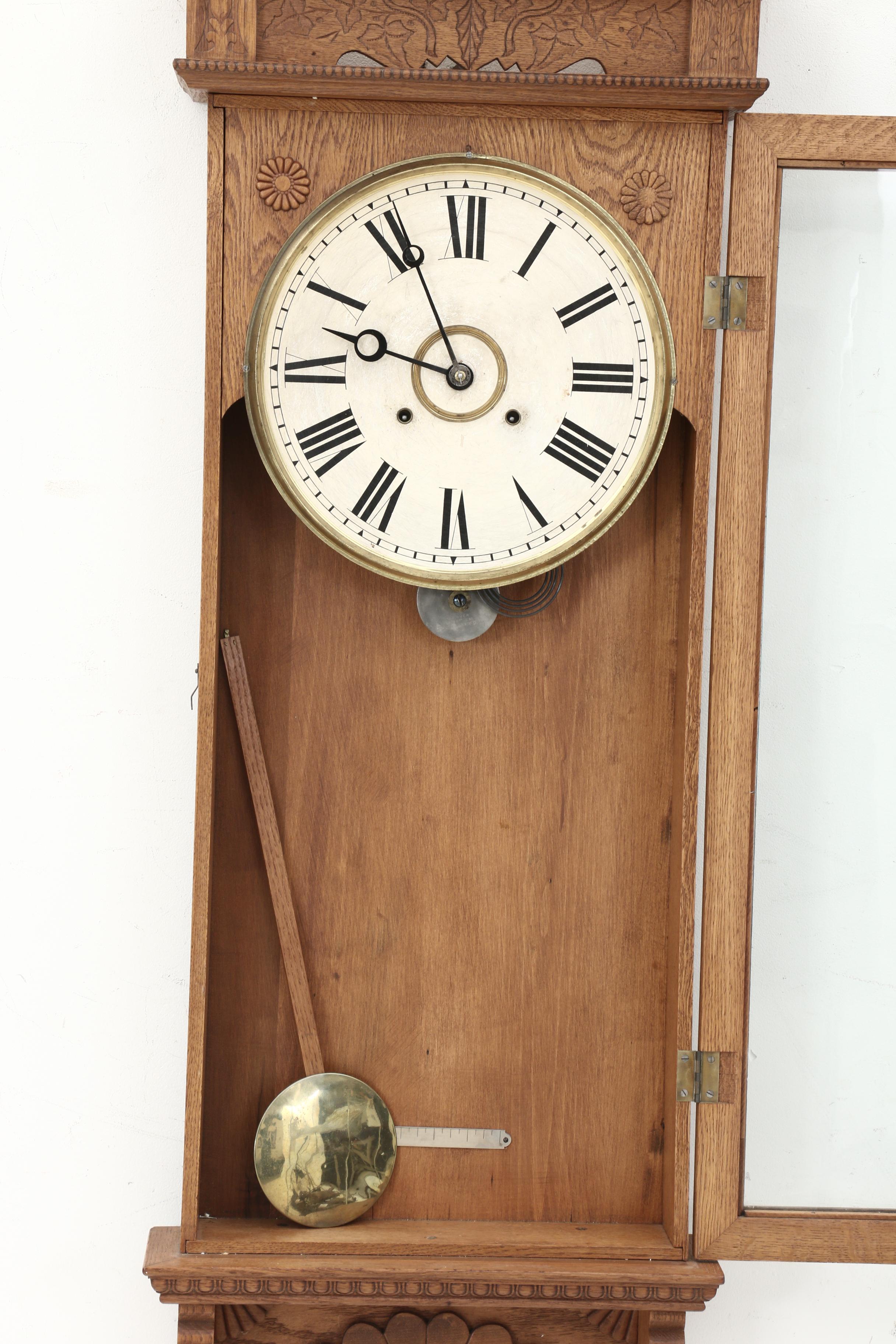 George B. Owen Victorian Oak Pendulum Wall Clock, Late 19th Century