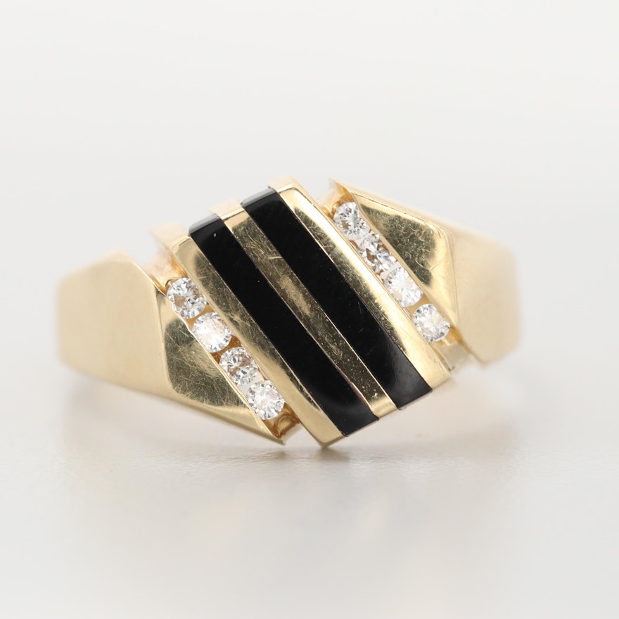 14K Yellow Gold Black Onyx and Diamond Ring