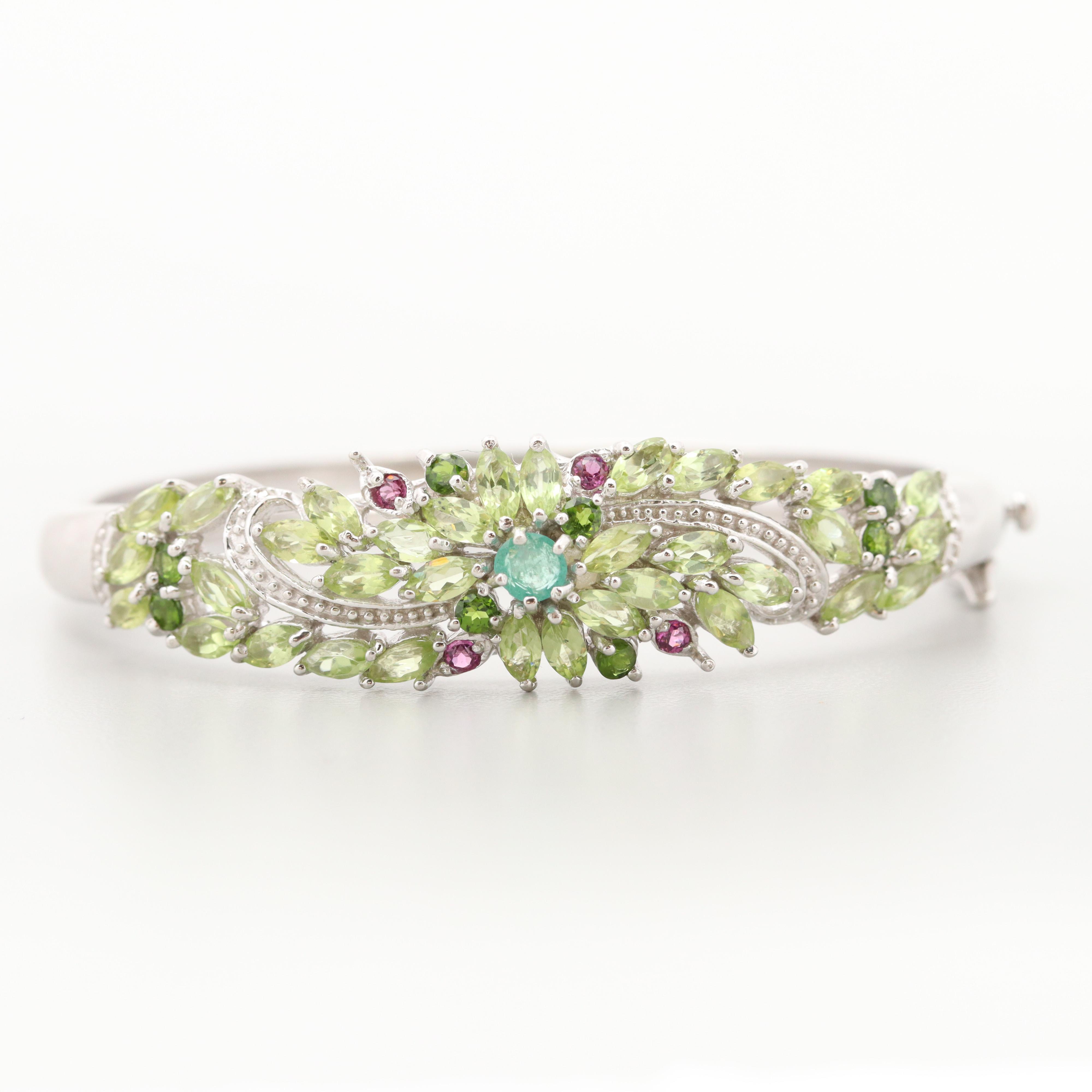 Sterling Silver Emerald, Peridot, Diopside and Garnet Bangle Bracelet