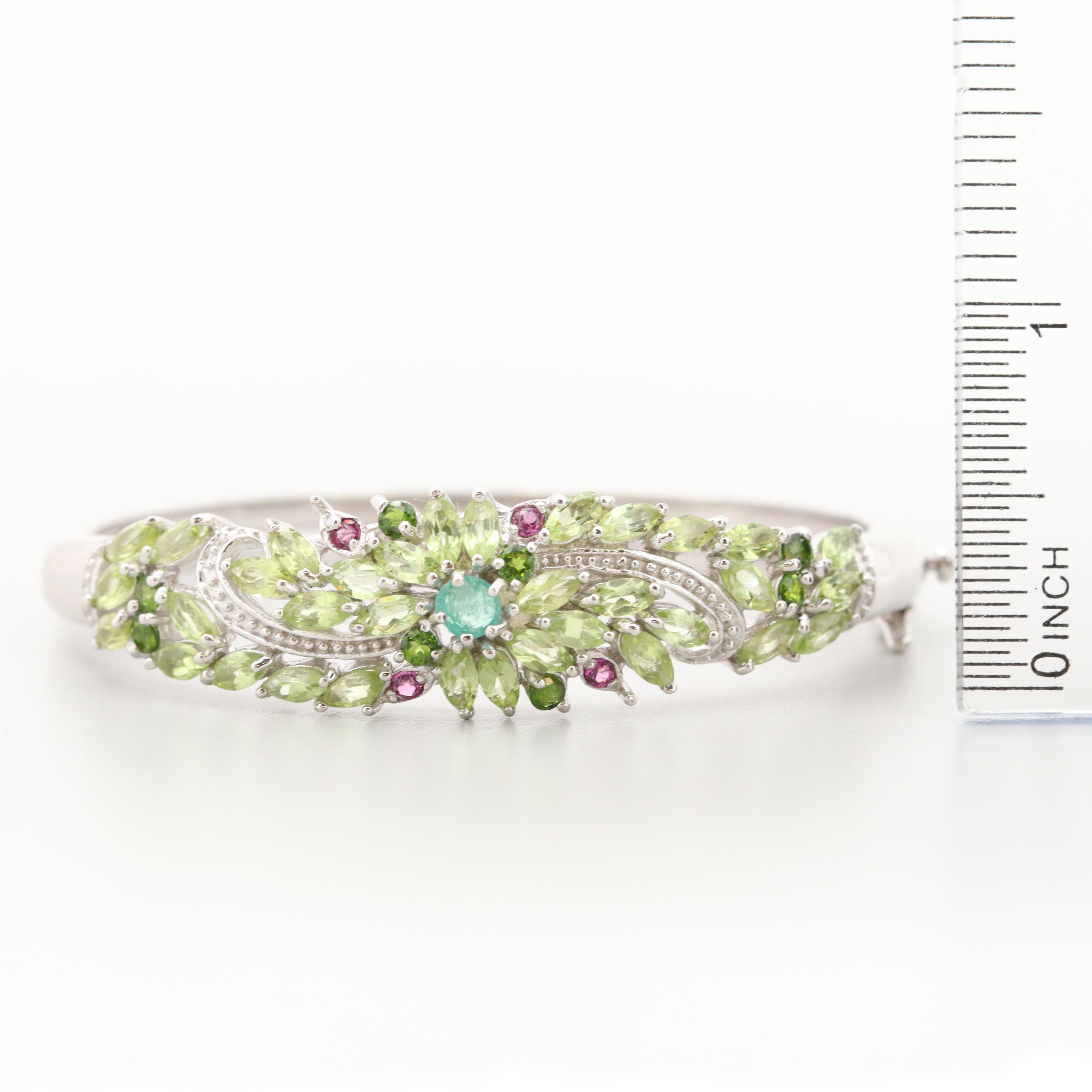 Sterling Silver Emerald, Peridot, Diopside and Garnet Bangle Bracelet
