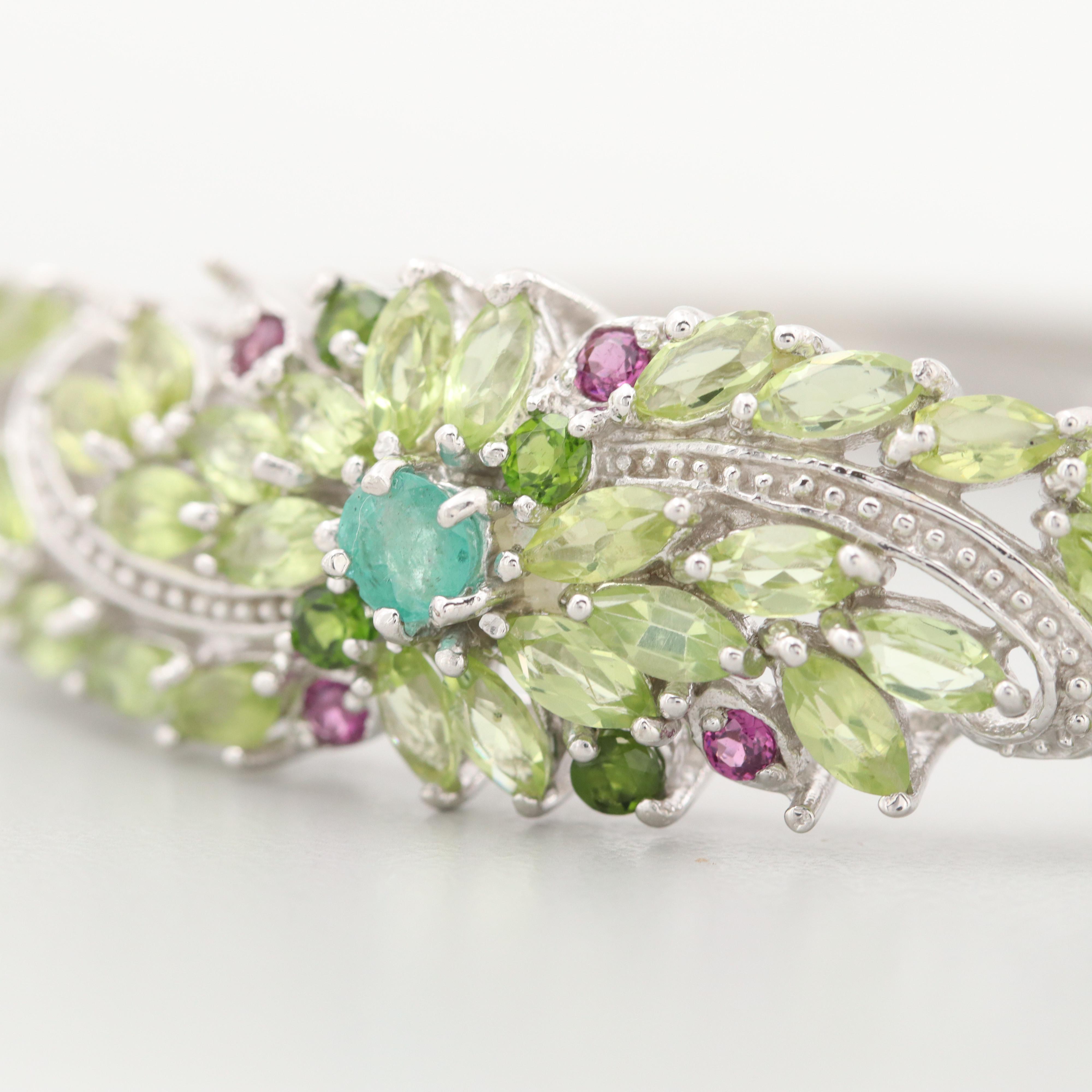 Sterling Silver Emerald, Peridot, Diopside and Garnet Bangle Bracelet