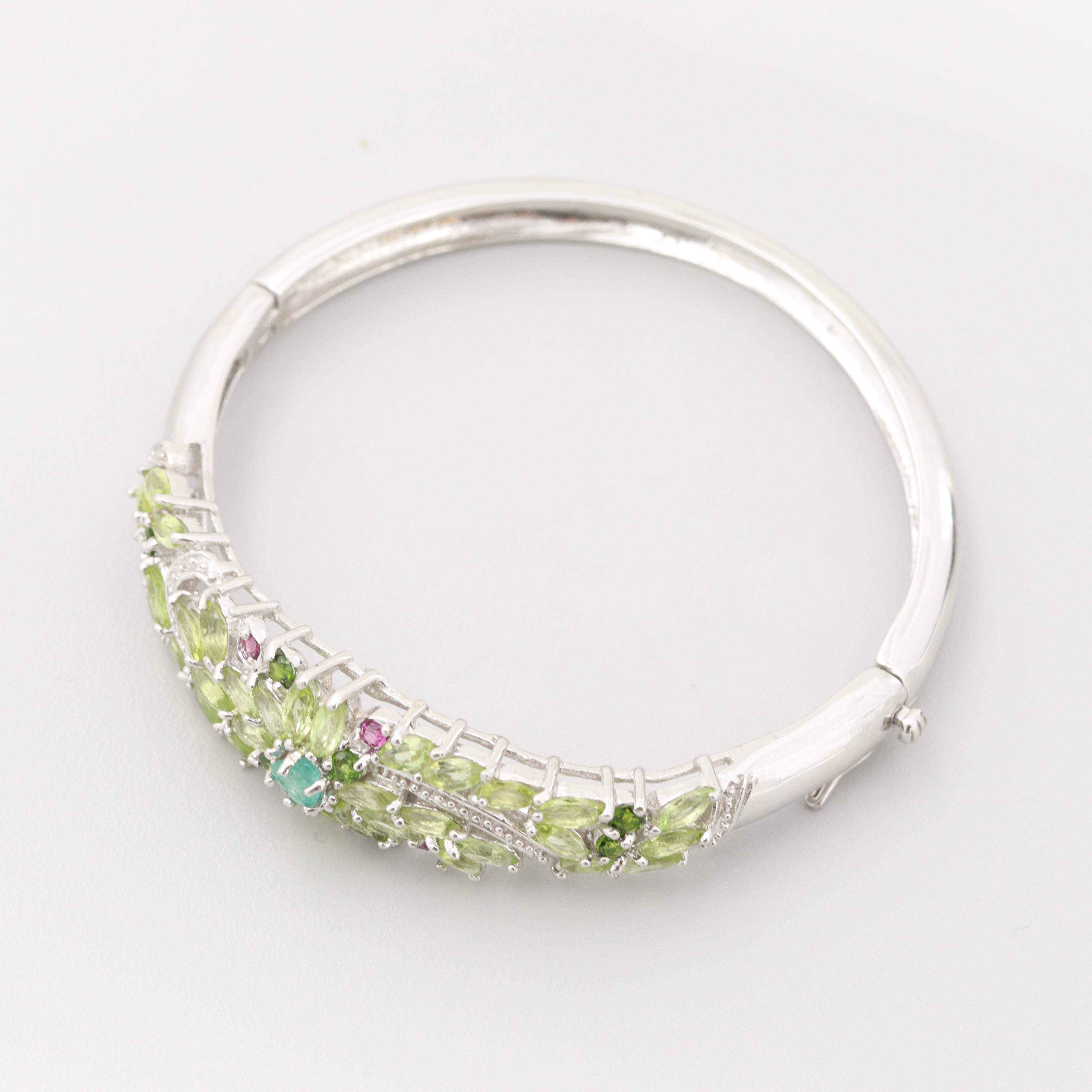 Sterling Silver Emerald, Peridot, Diopside and Garnet Bangle Bracelet