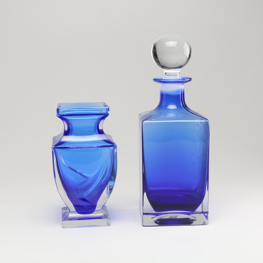 Blue Glass Decanter and Vase