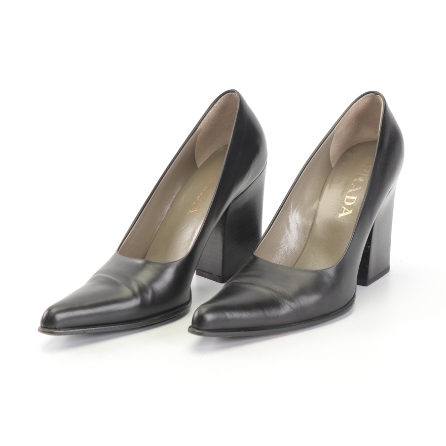 Prada Black Leather Pointed Toe Pumps with Block Heel