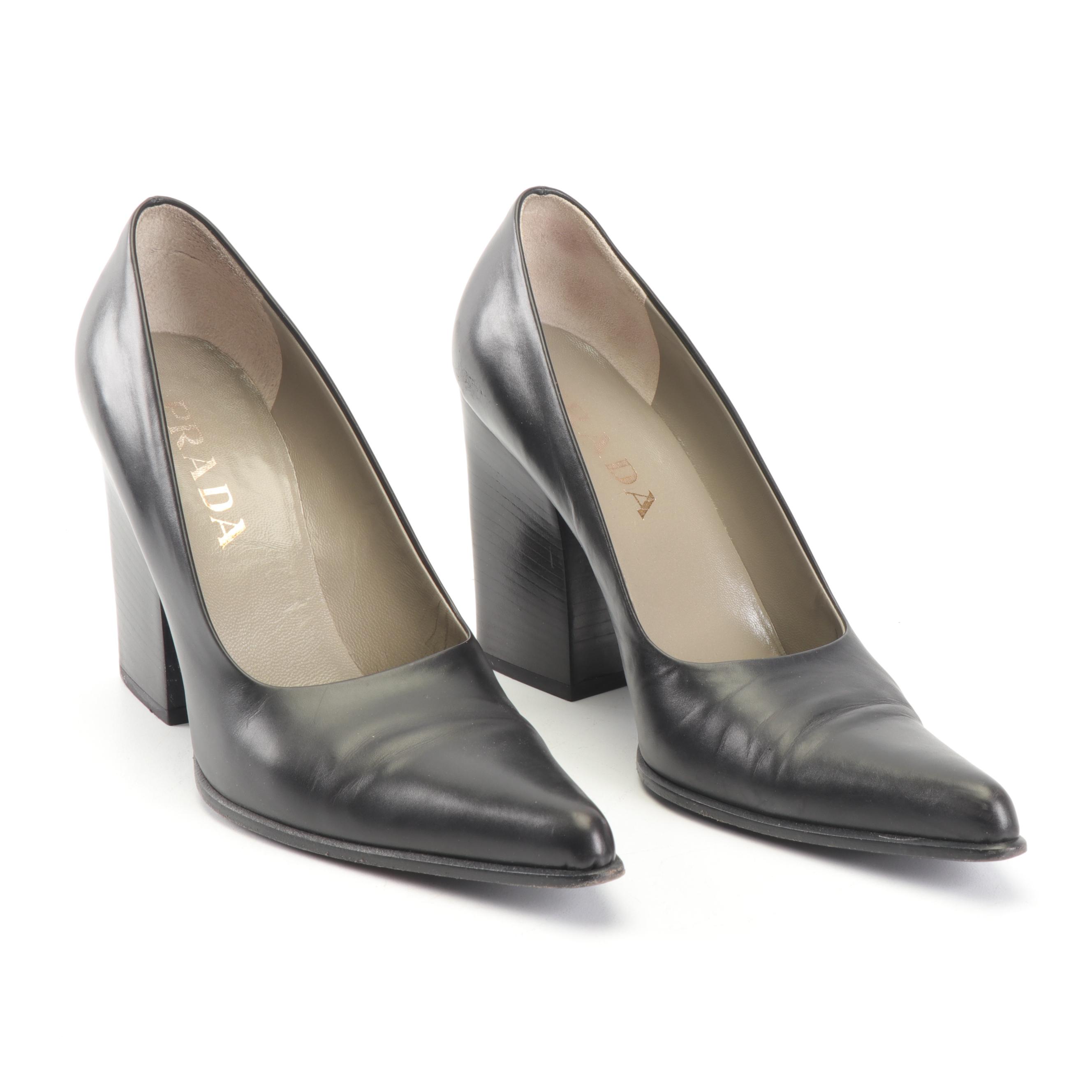 Prada Black Leather Pointed Toe Pumps with Block Heel