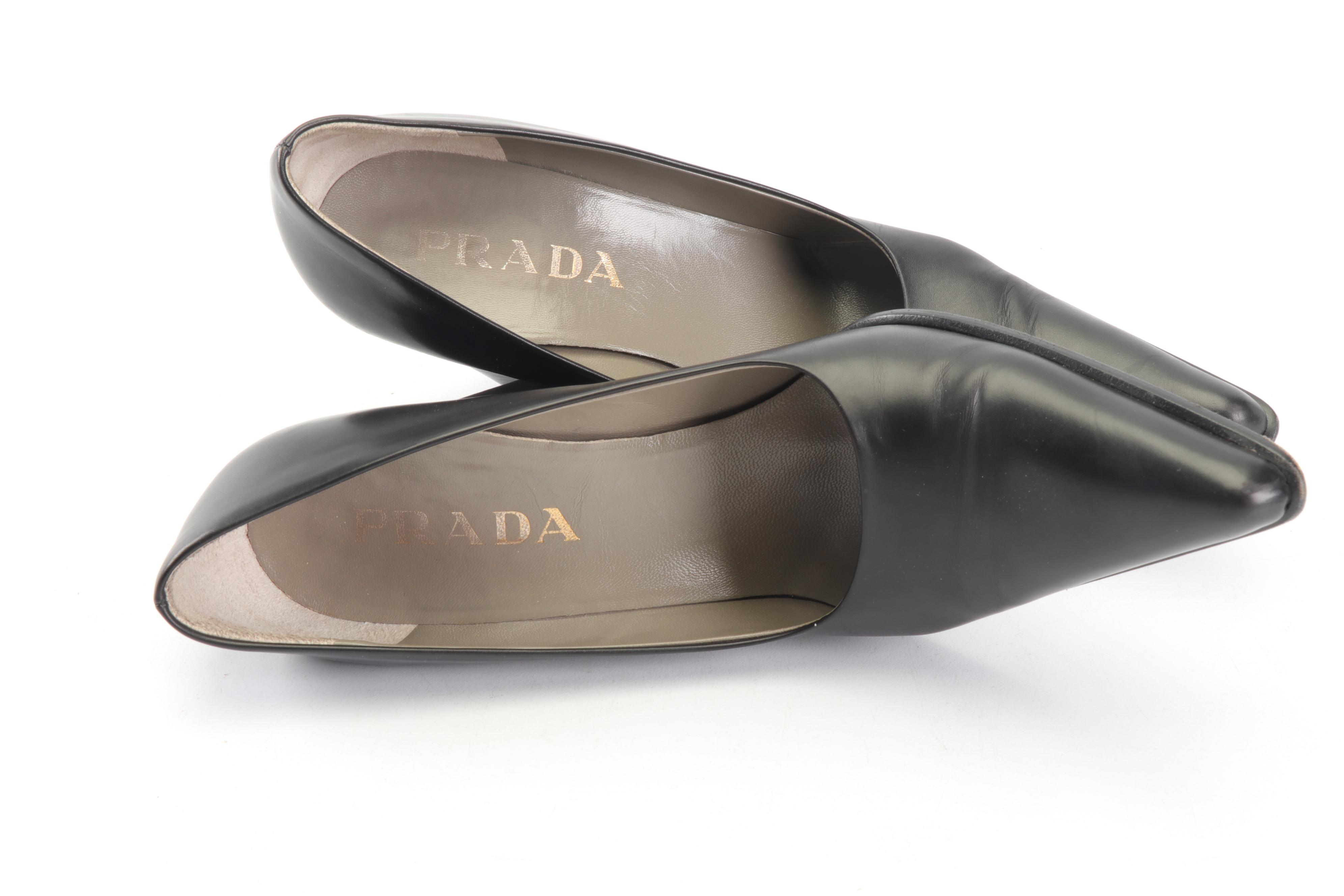 Prada Black Leather Pointed Toe Pumps with Block Heel