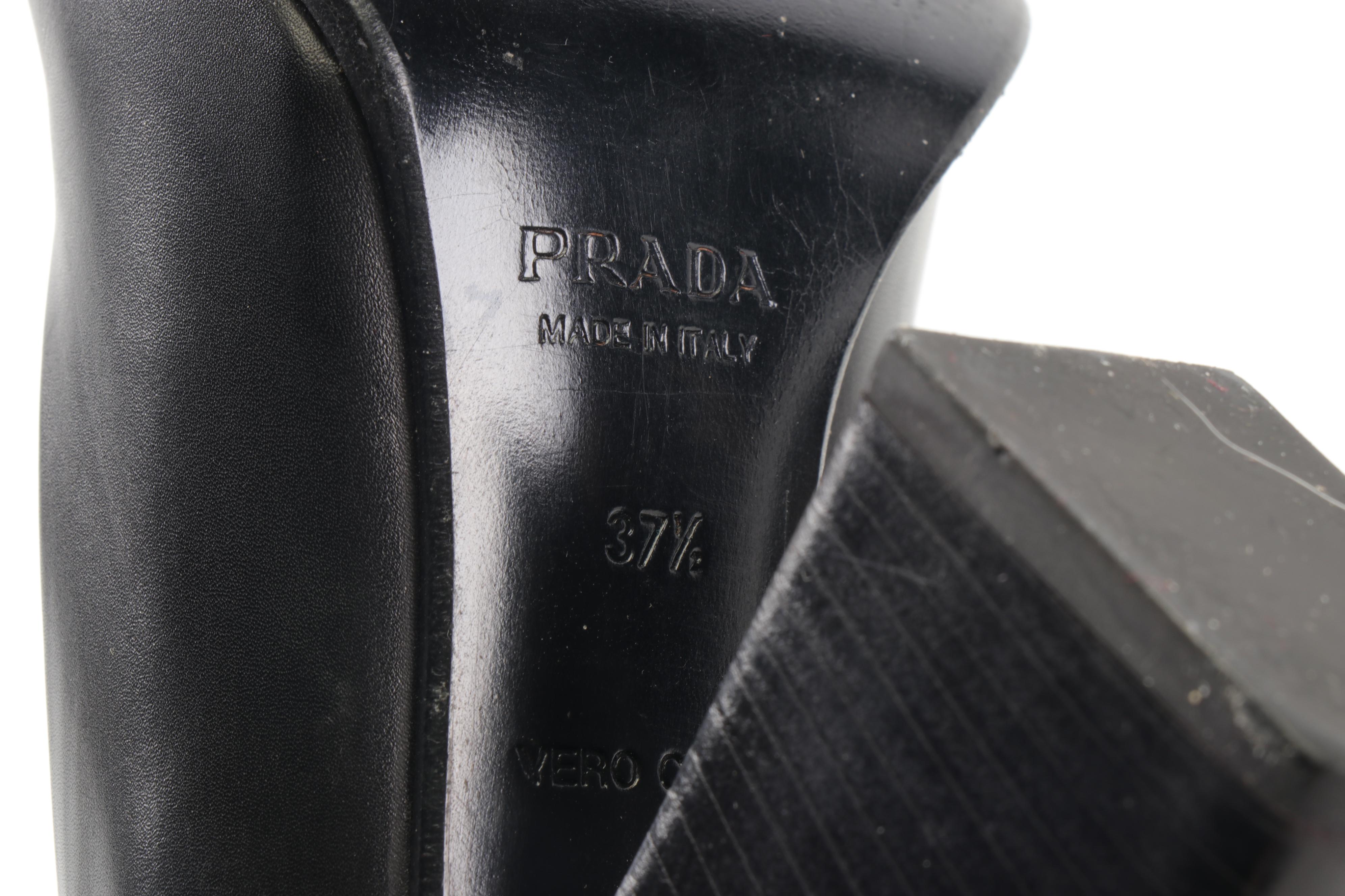 Prada Black Leather Pointed Toe Pumps with Block Heel