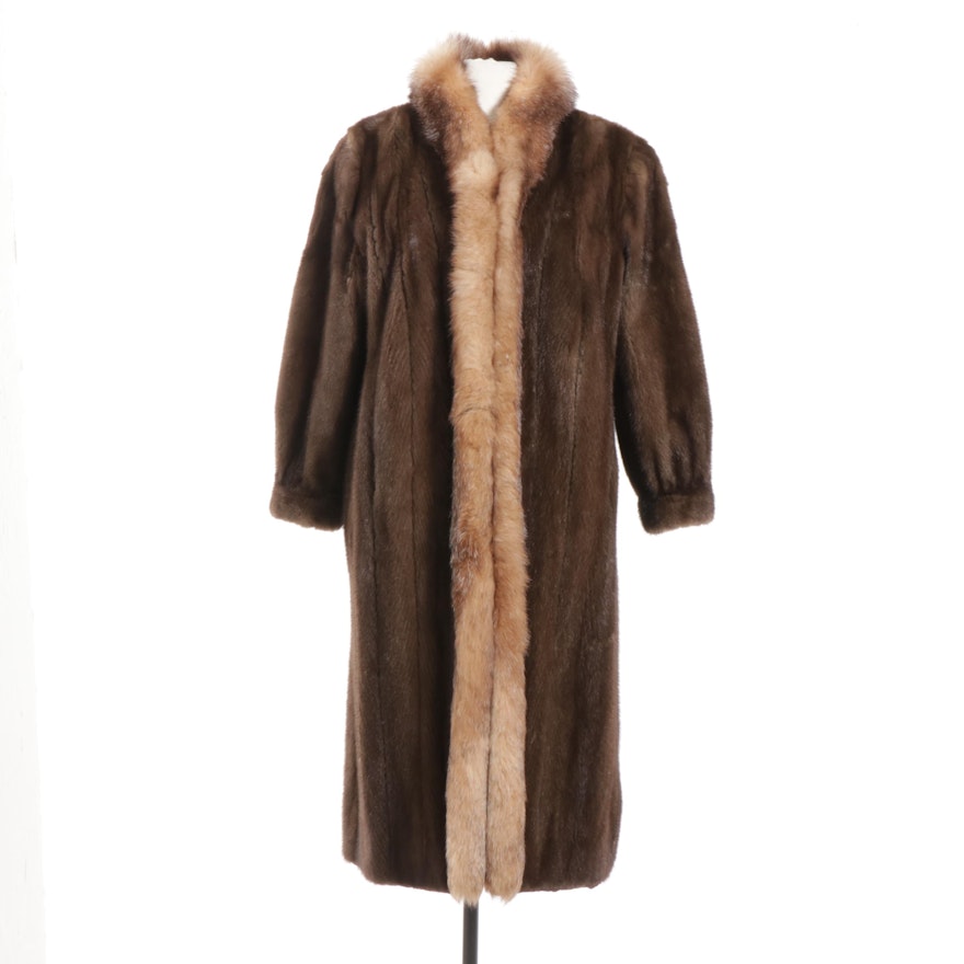 Chestnut Mink Fur Coat with Crystal Fox Fur Tuxedo Collar and Tapered Cuffs