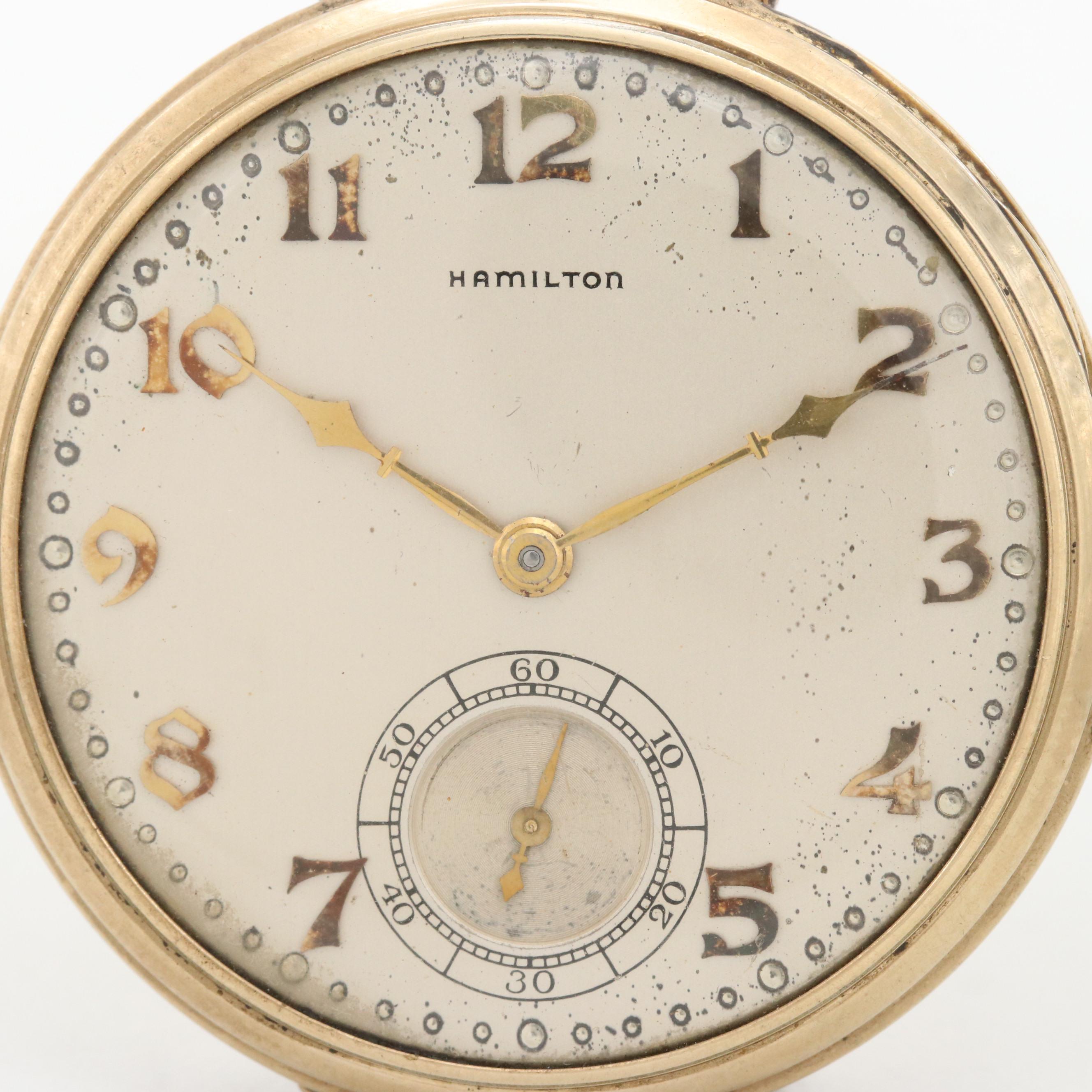 Vintage Hamilton 14K Gold Filled Open Face Pocket Watch, 1937