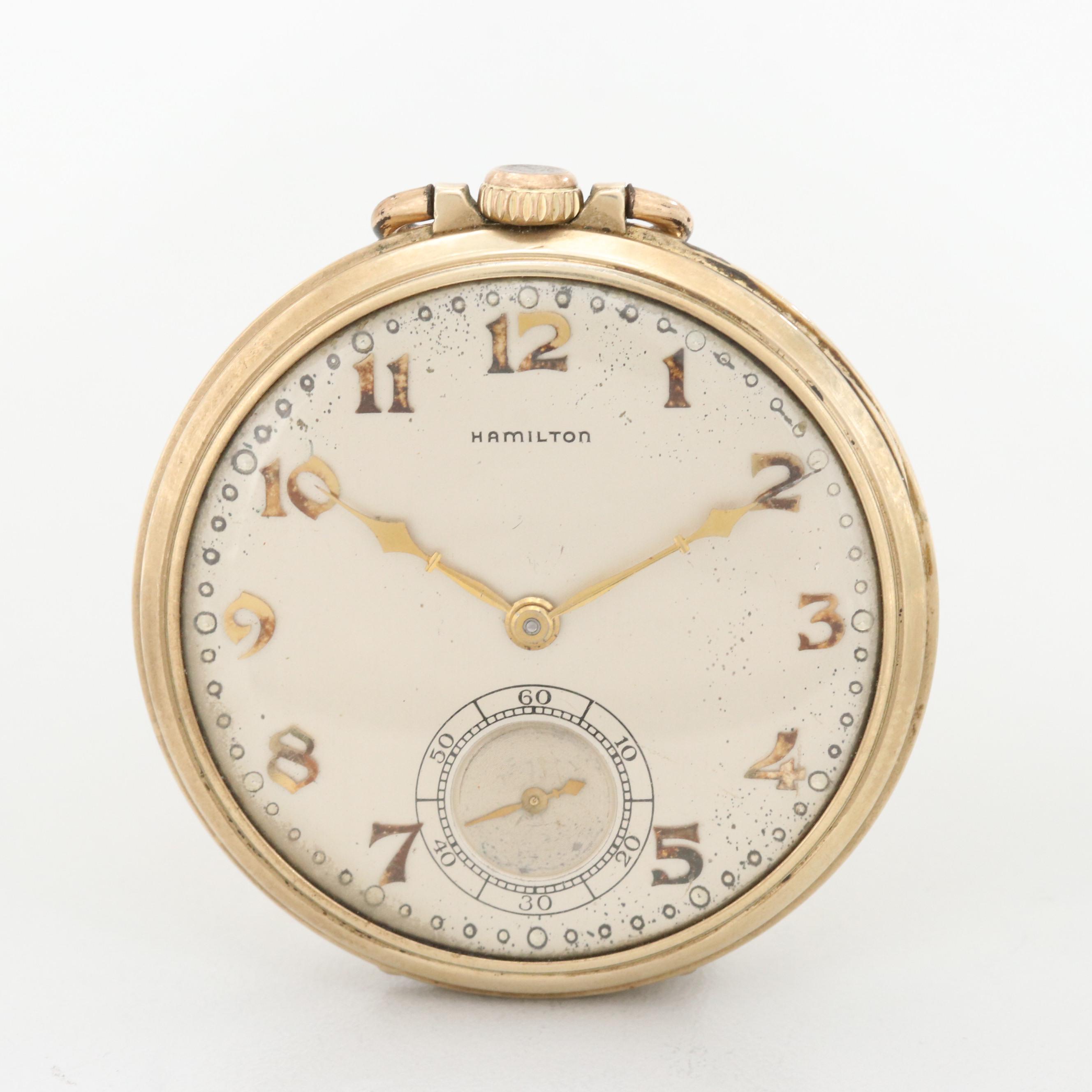 Vintage Hamilton 14K Gold Filled Open Face Pocket Watch, 1937