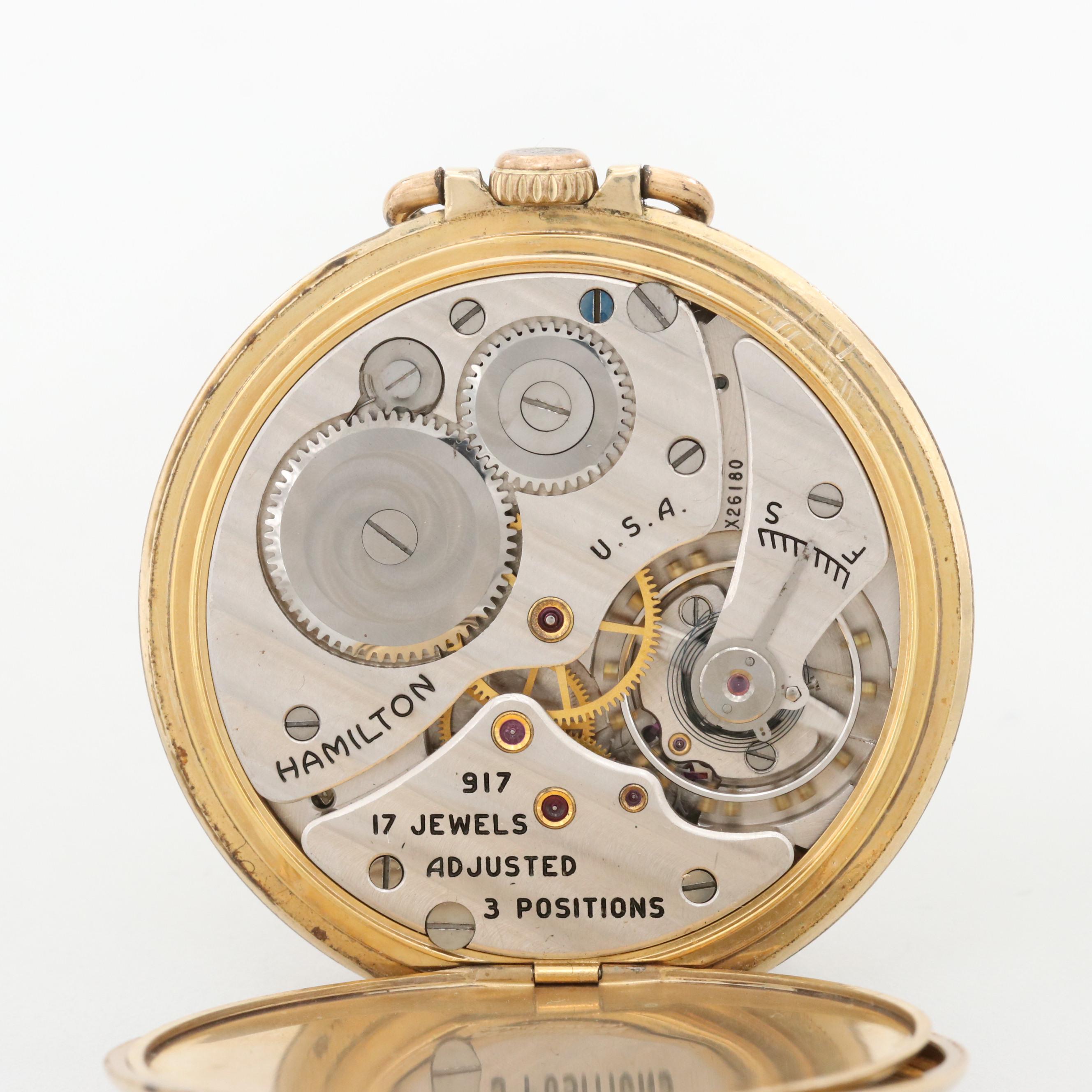 Vintage Hamilton 14K Gold Filled Open Face Pocket Watch, 1937