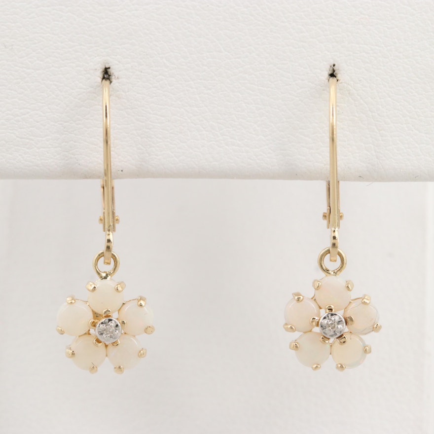 14K Yellow Gold Opal and Diamond Flower Dangle Earrings