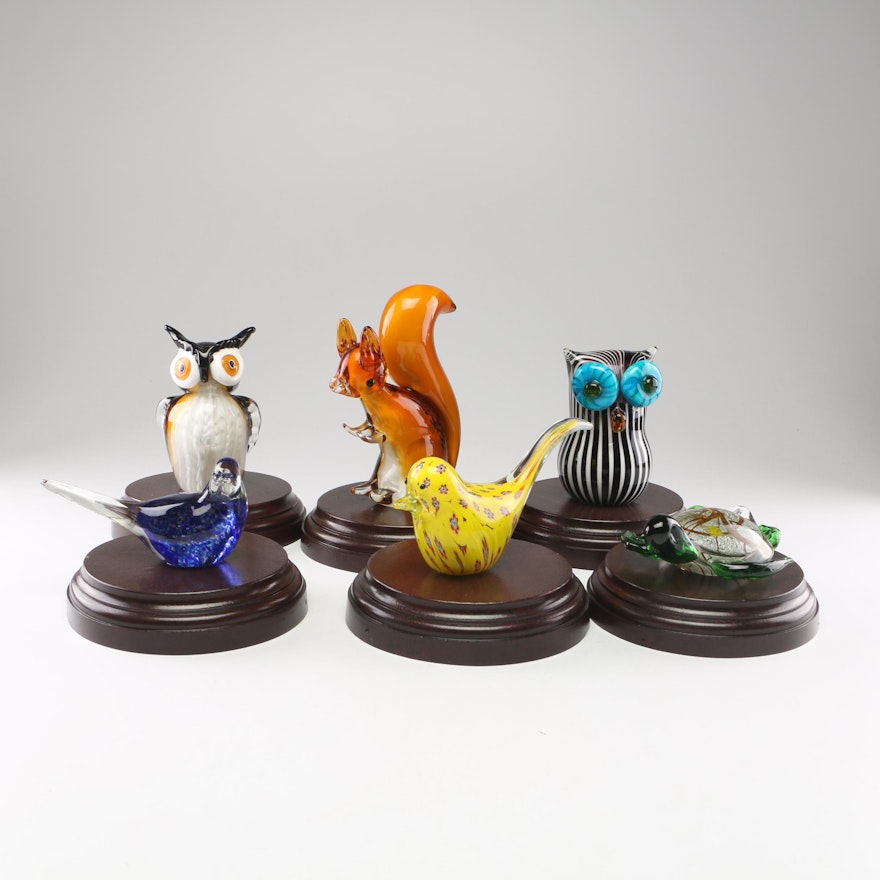 Animal Art Glass Sculpture Figurines on Wooden Bases