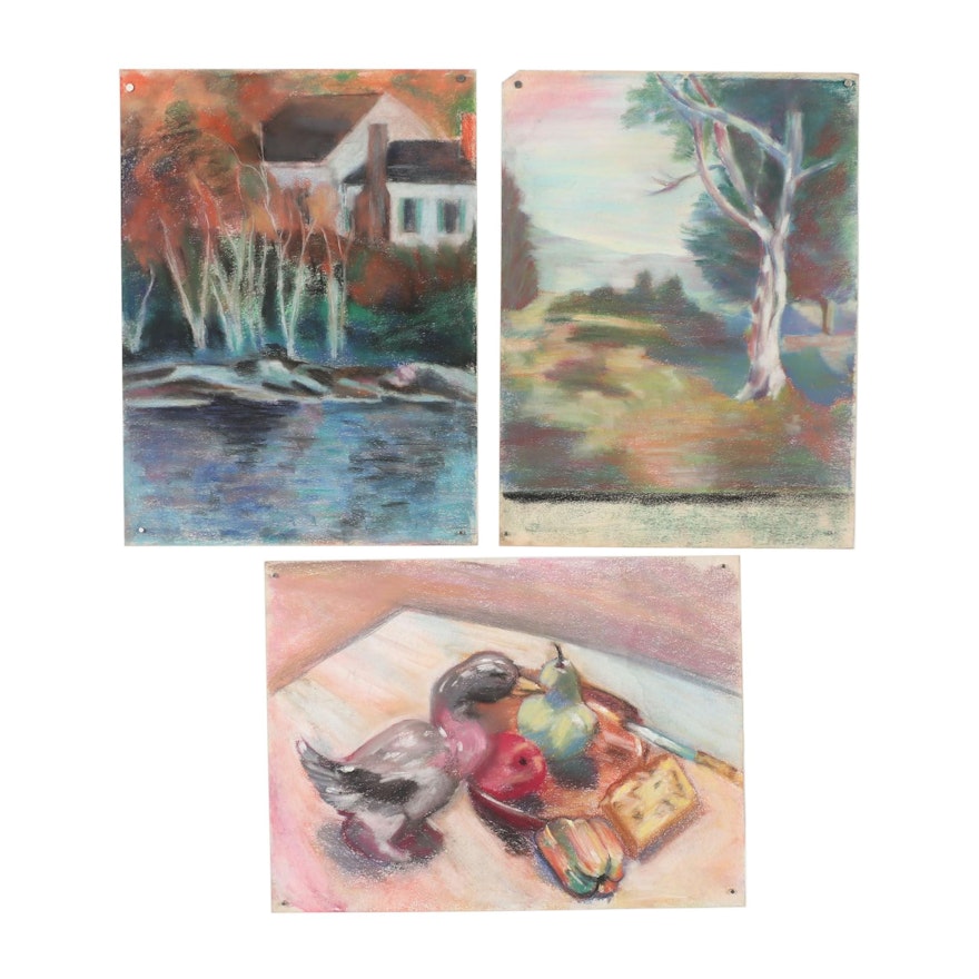 Mid-Late 20th Century Pastel Drawings of Still Life and Landscapes