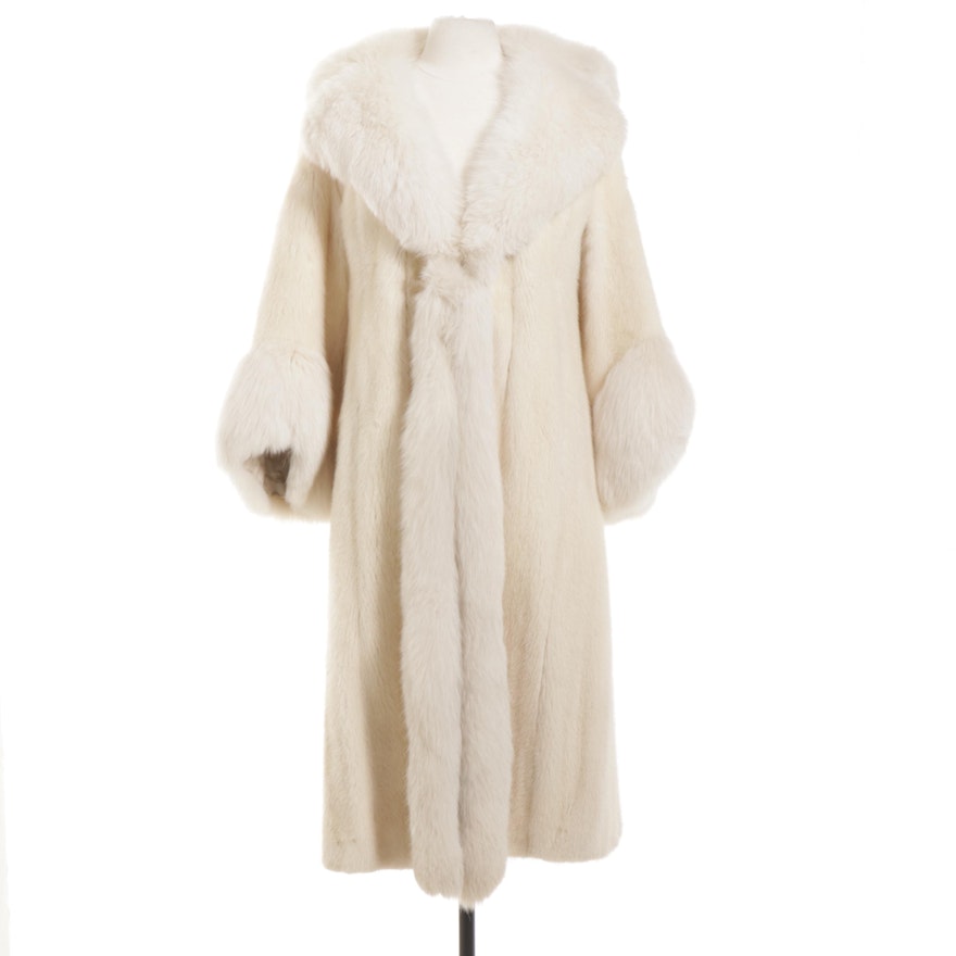 White Mink Fur Coat with Fox Fur Trim, Vintage