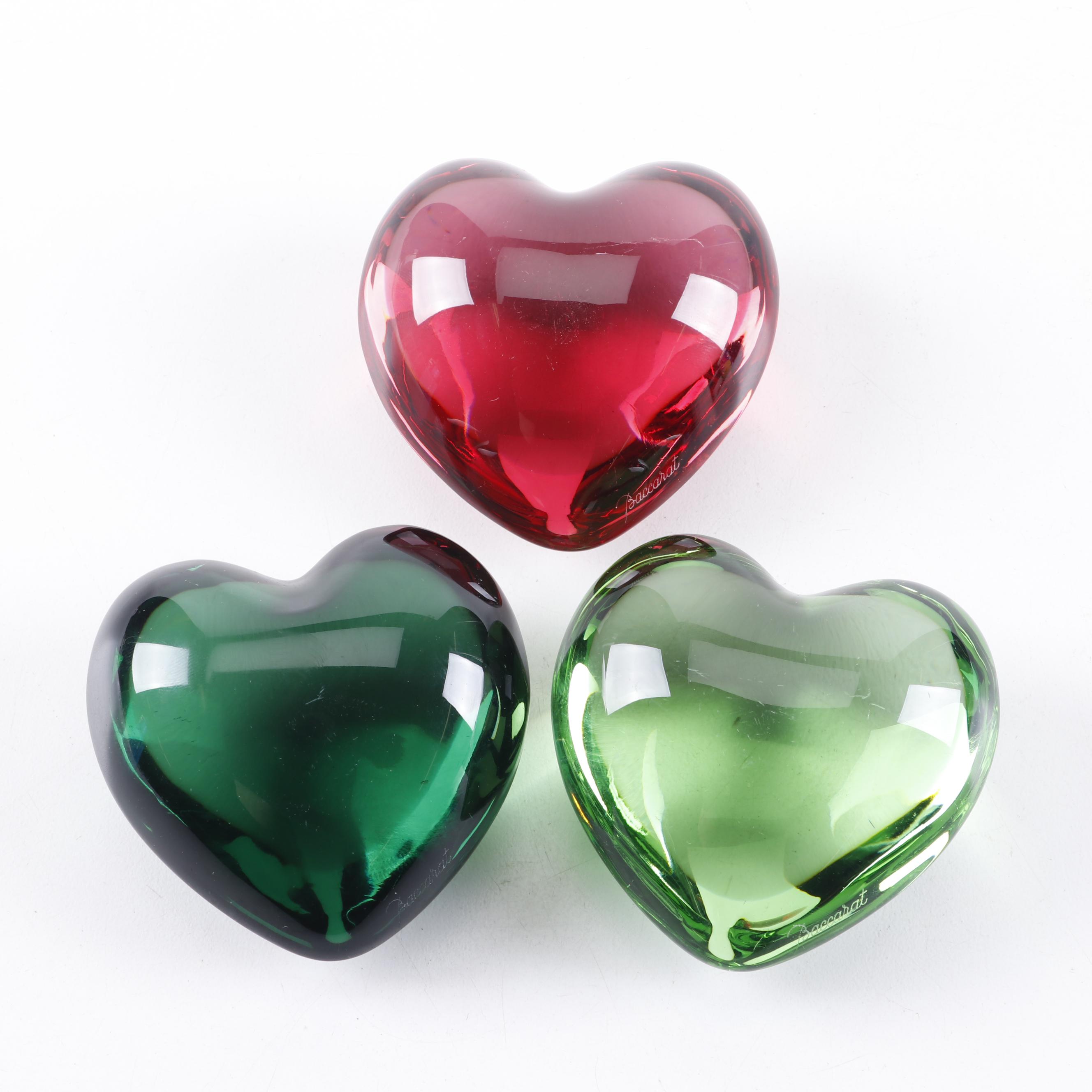 Baccarat Crystal Green and Red Heart-Shaped Paperweights