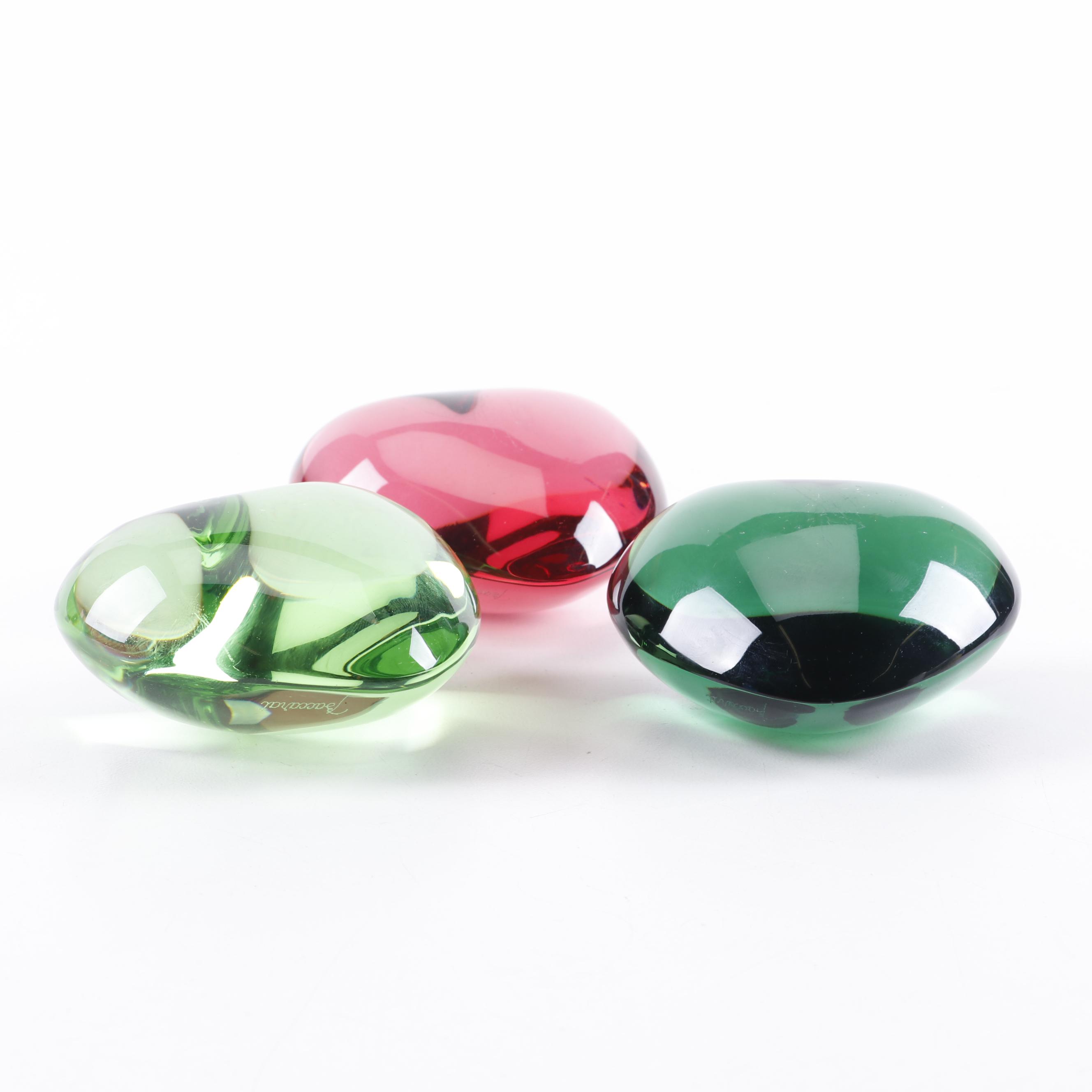 Baccarat Crystal Green and Red Heart-Shaped Paperweights