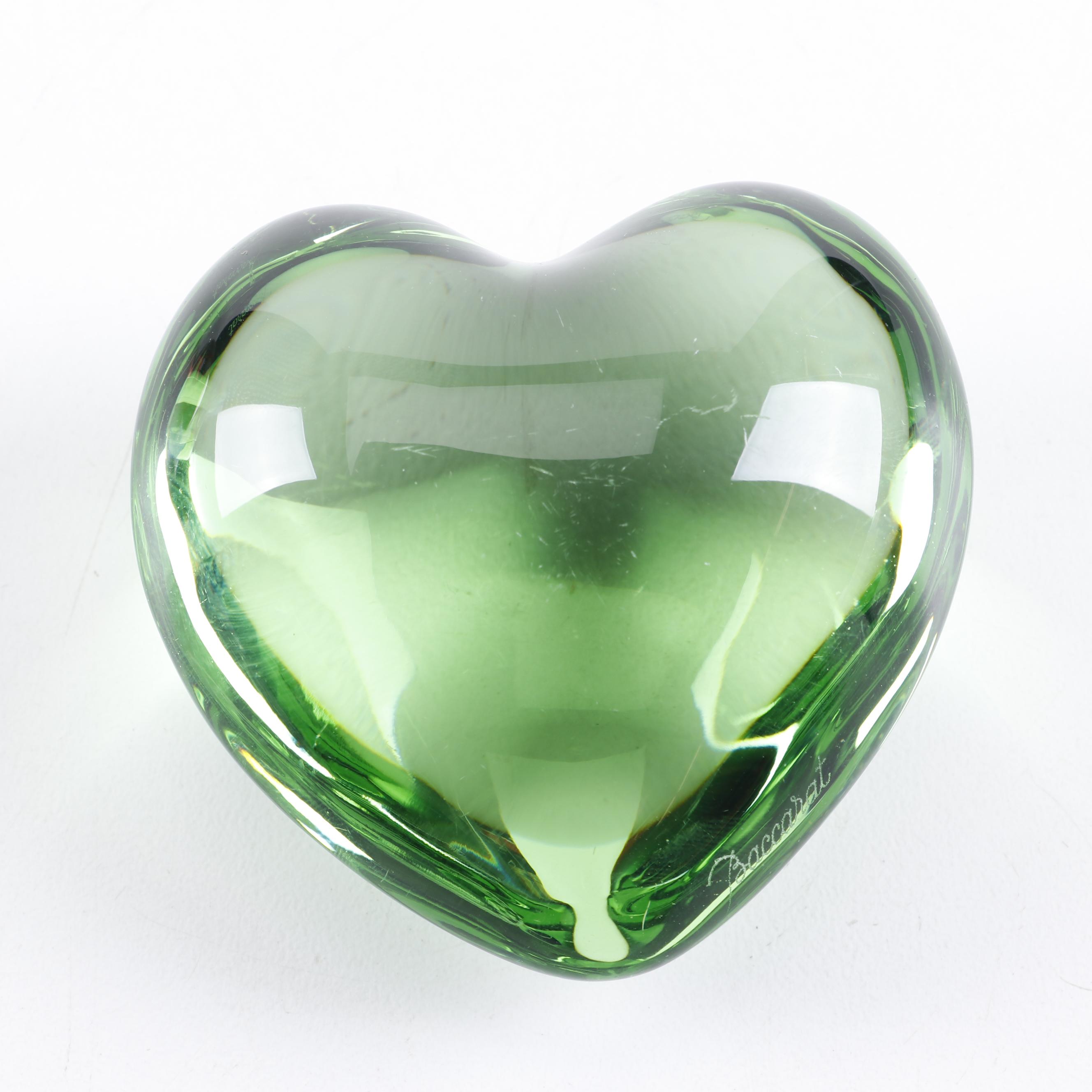 Baccarat Crystal Green and Red Heart-Shaped Paperweights
