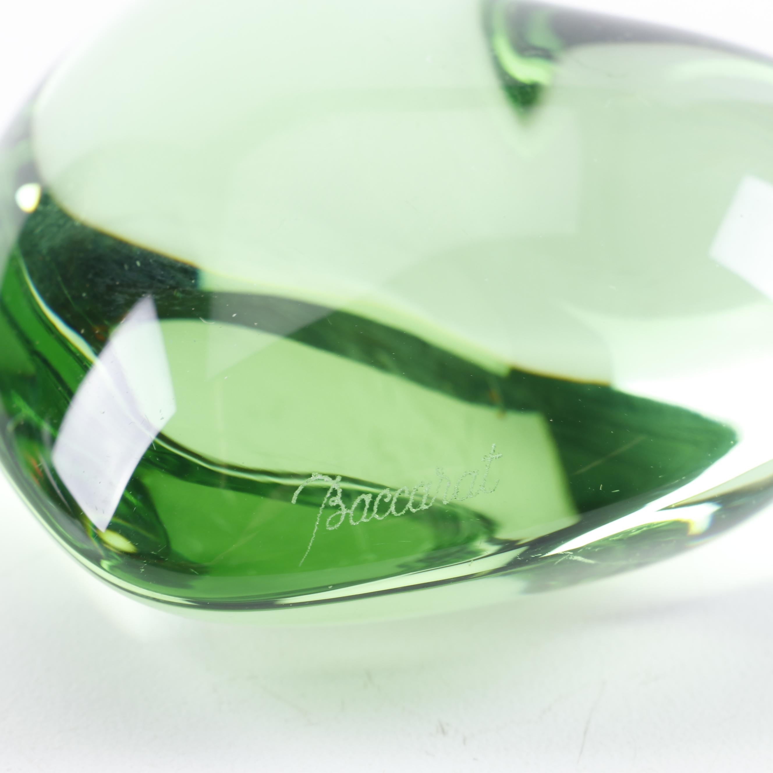 Baccarat Crystal Green and Red Heart-Shaped Paperweights