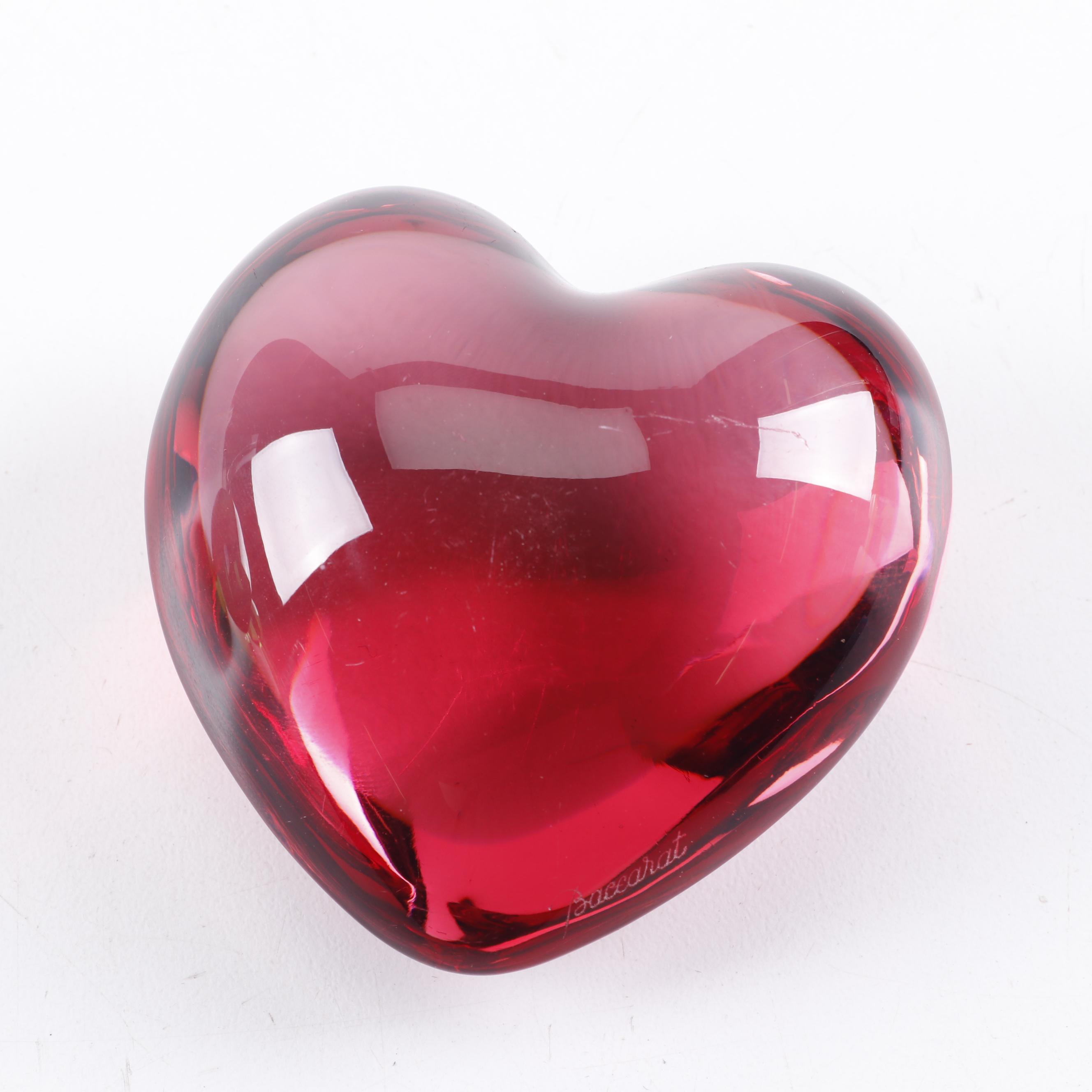 Baccarat Crystal Green and Red Heart-Shaped Paperweights