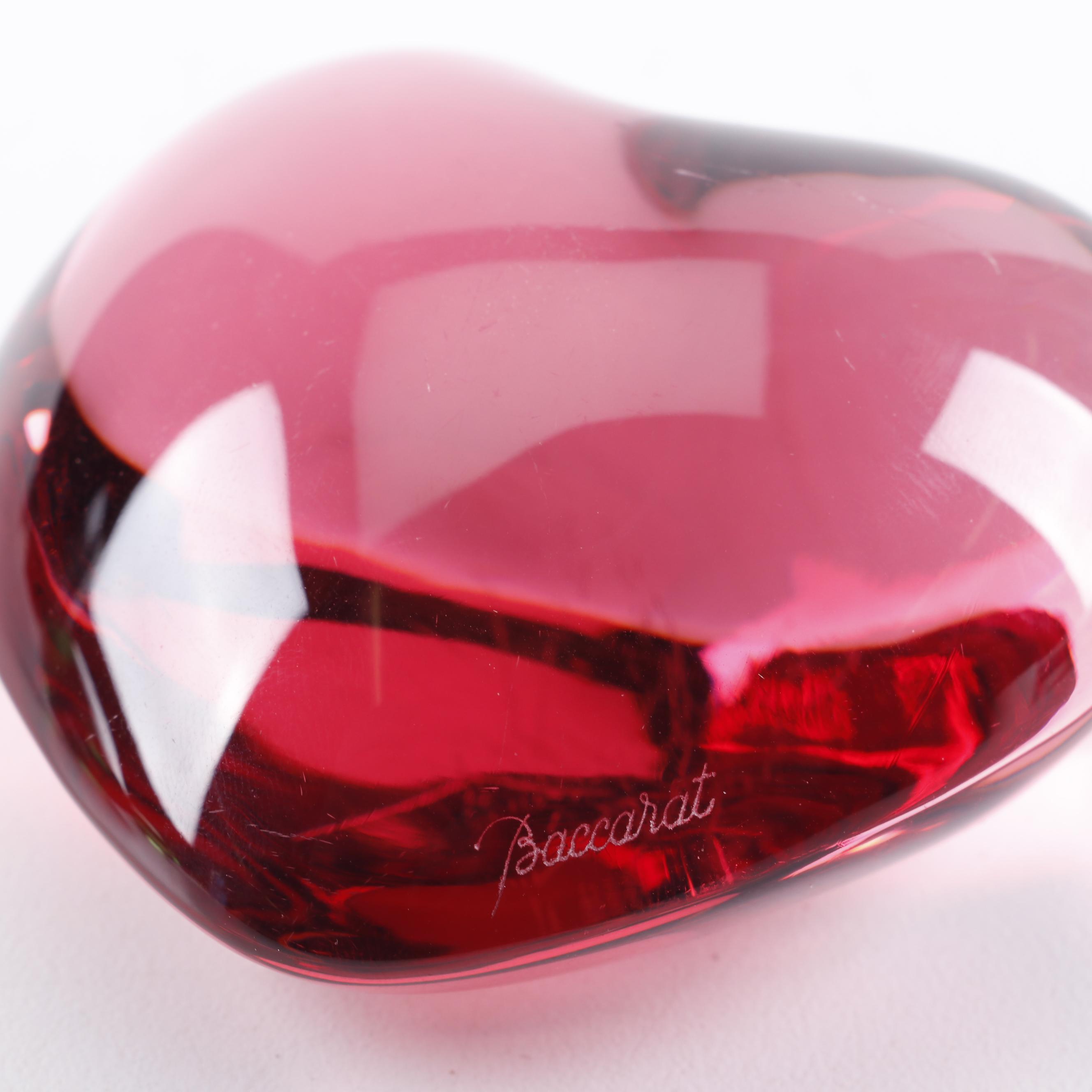Baccarat Crystal Green and Red Heart-Shaped Paperweights