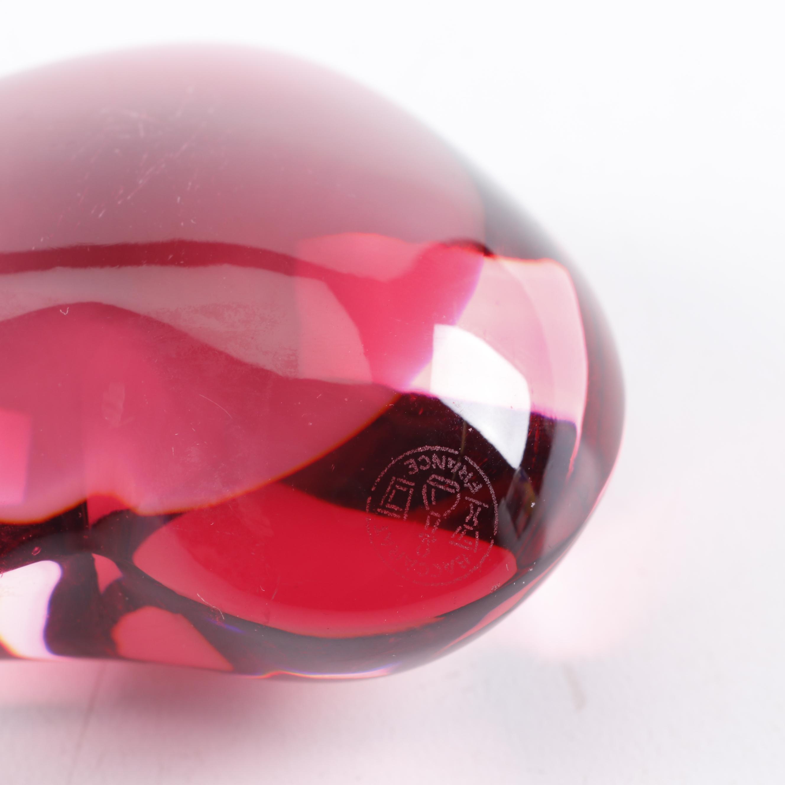 Baccarat Crystal Green and Red Heart-Shaped Paperweights