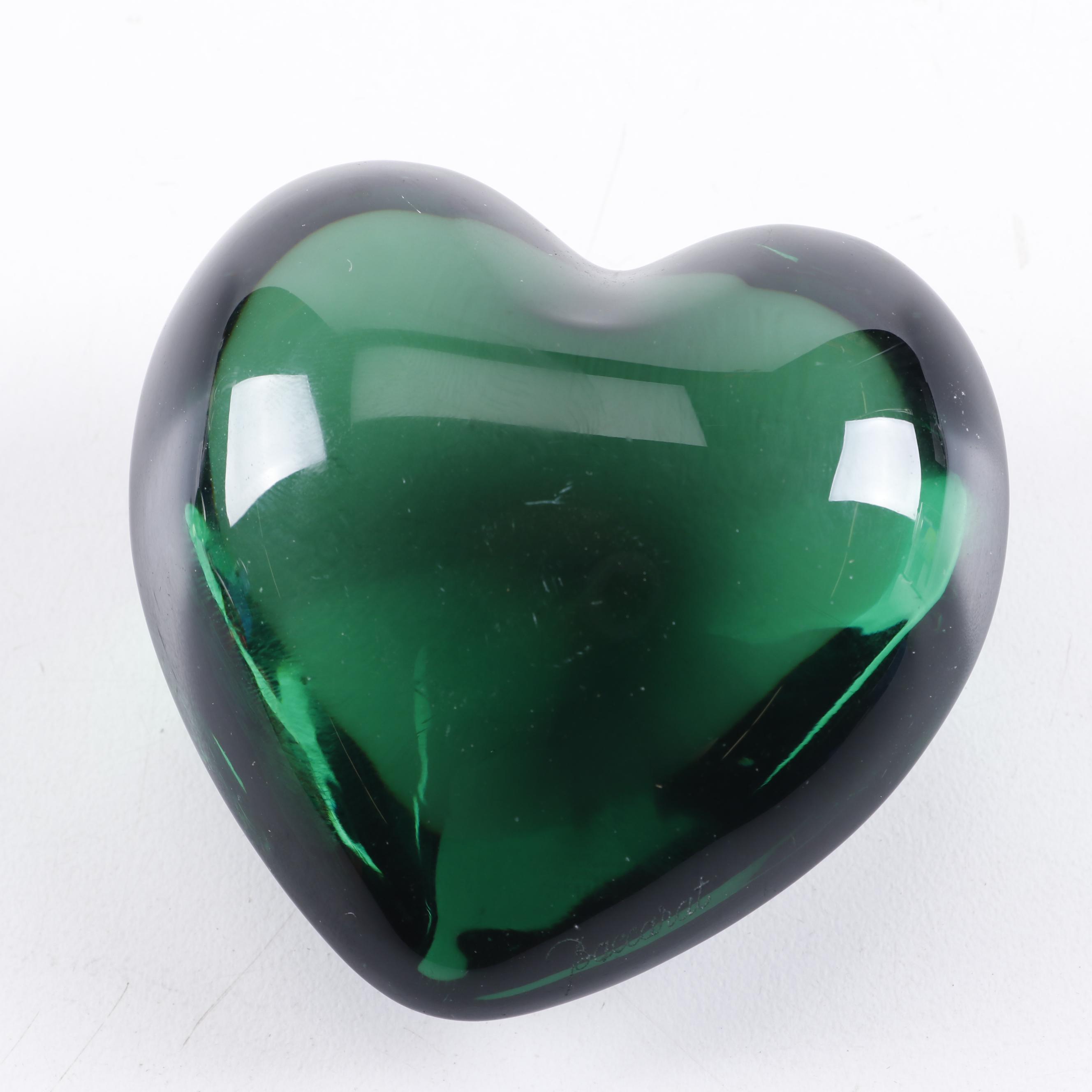 Baccarat Crystal Green and Red Heart-Shaped Paperweights